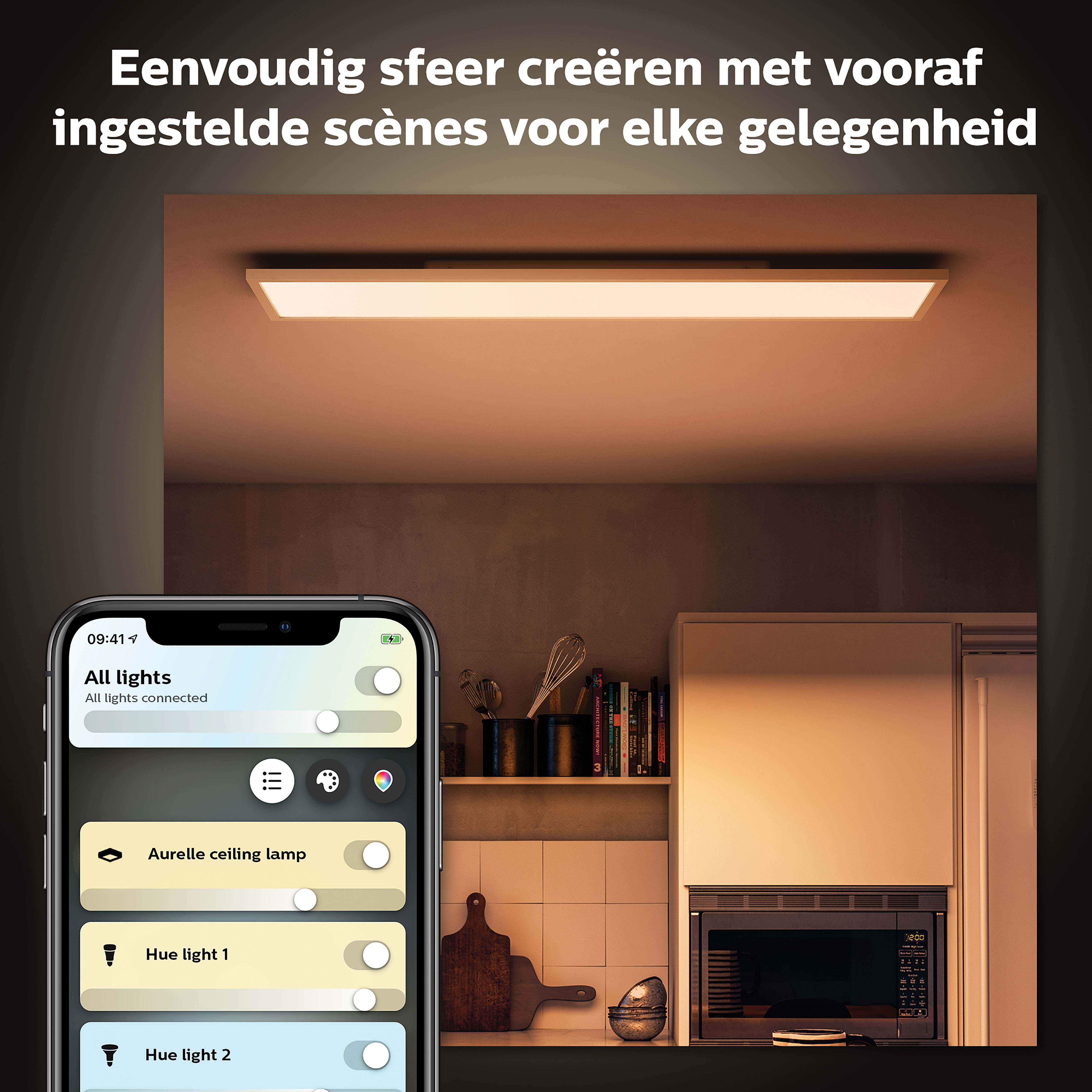 Un smartphone affichant une interface d'application domotique, avec une scène de cuisine en arrière-plan.