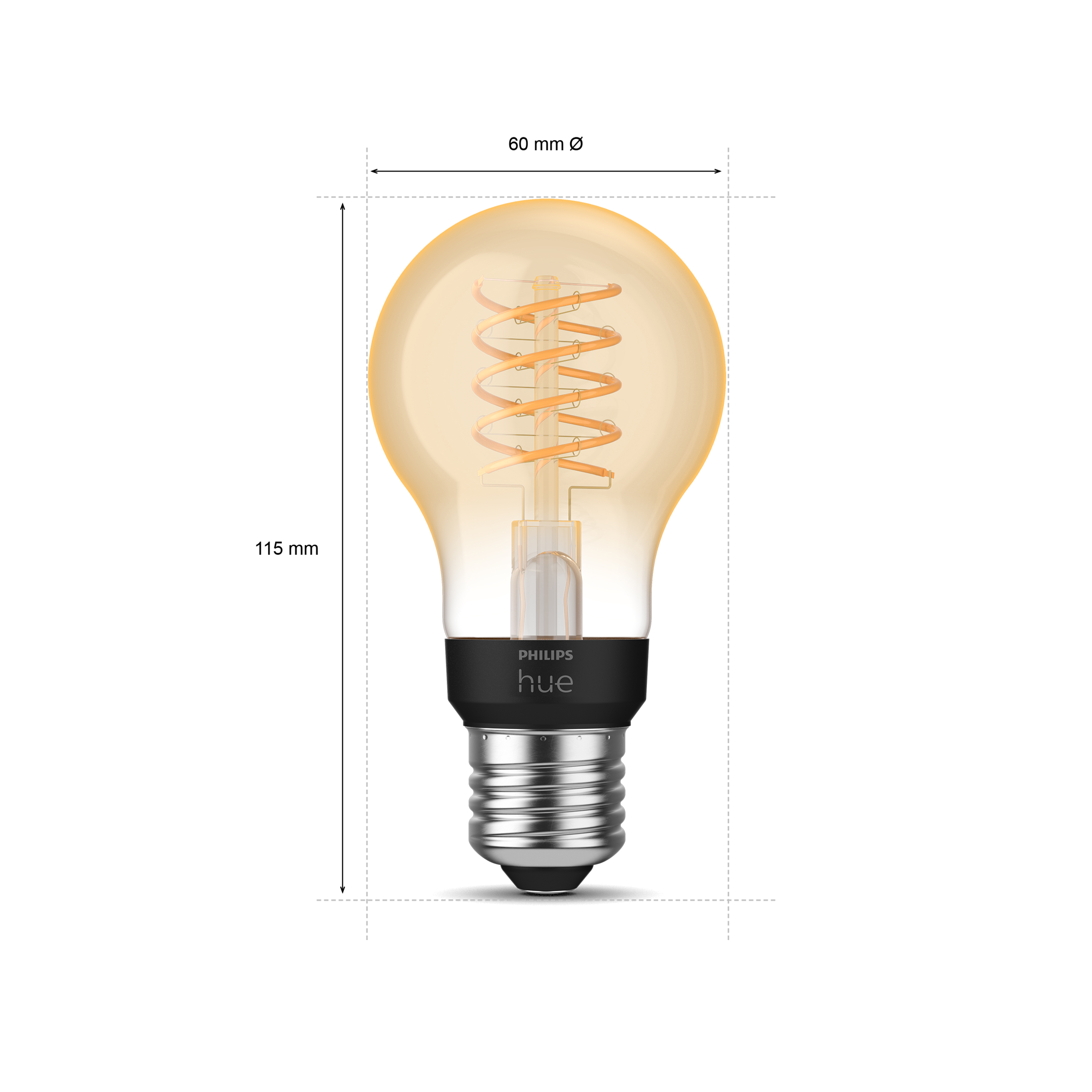 Ampoule intelligente Philips Hue avec filament en spirale. Dimensions de hauteur et diamètre sont indiquées.