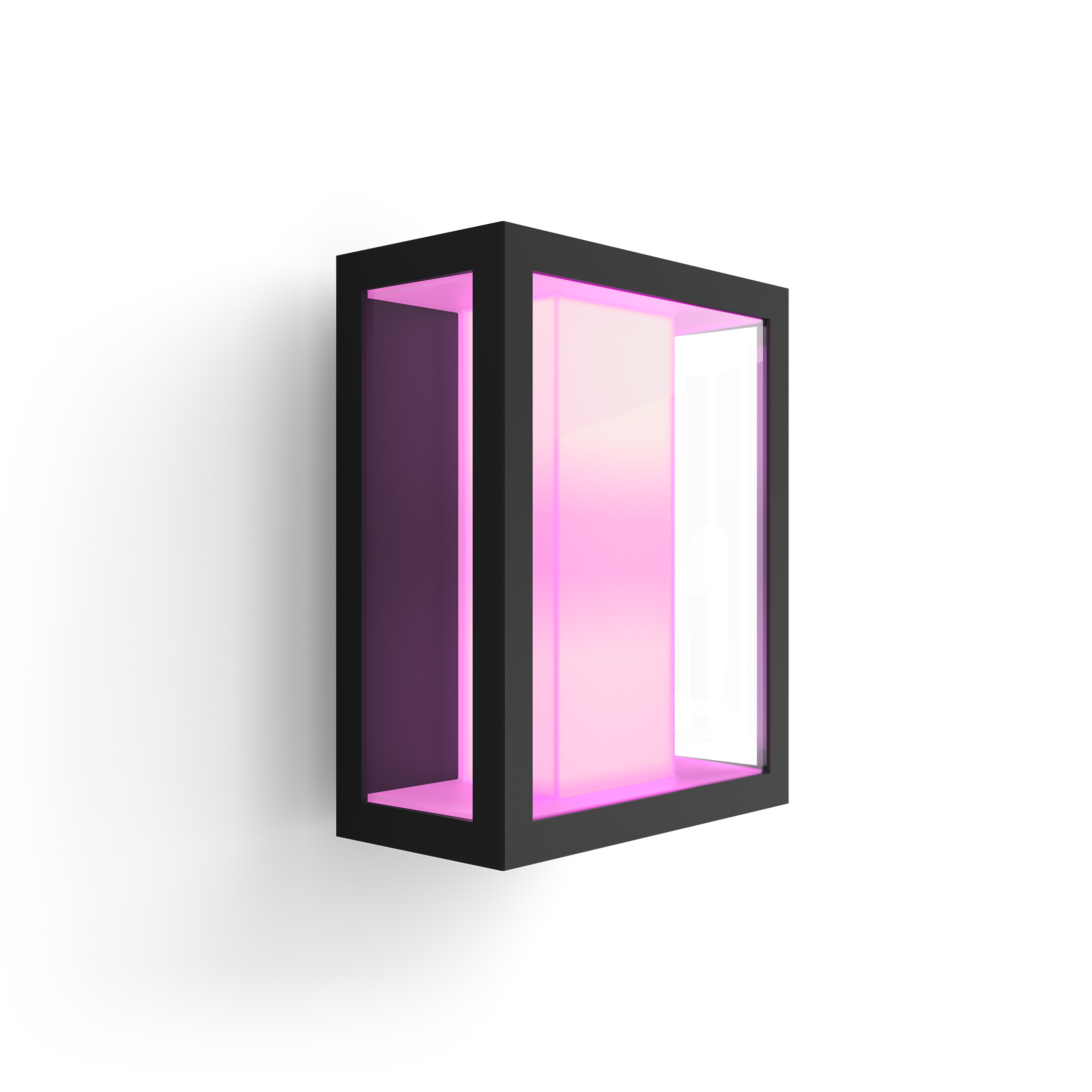 Luminaire carré noir avec une lueur néon rose à l'intérieur, monté sur un mur blanc.