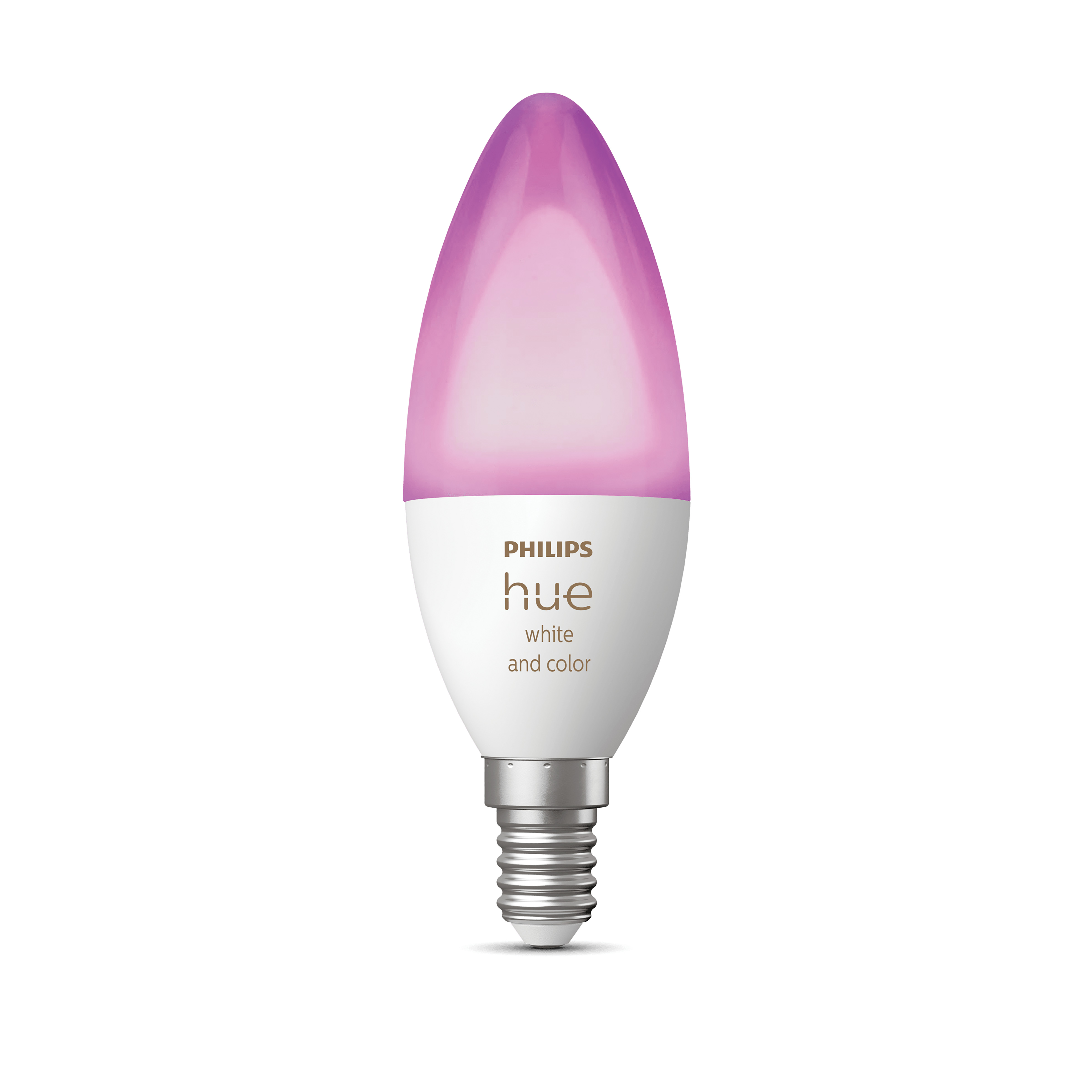 A white Philips Hue light bulb, with a pink color. It is on a white background.