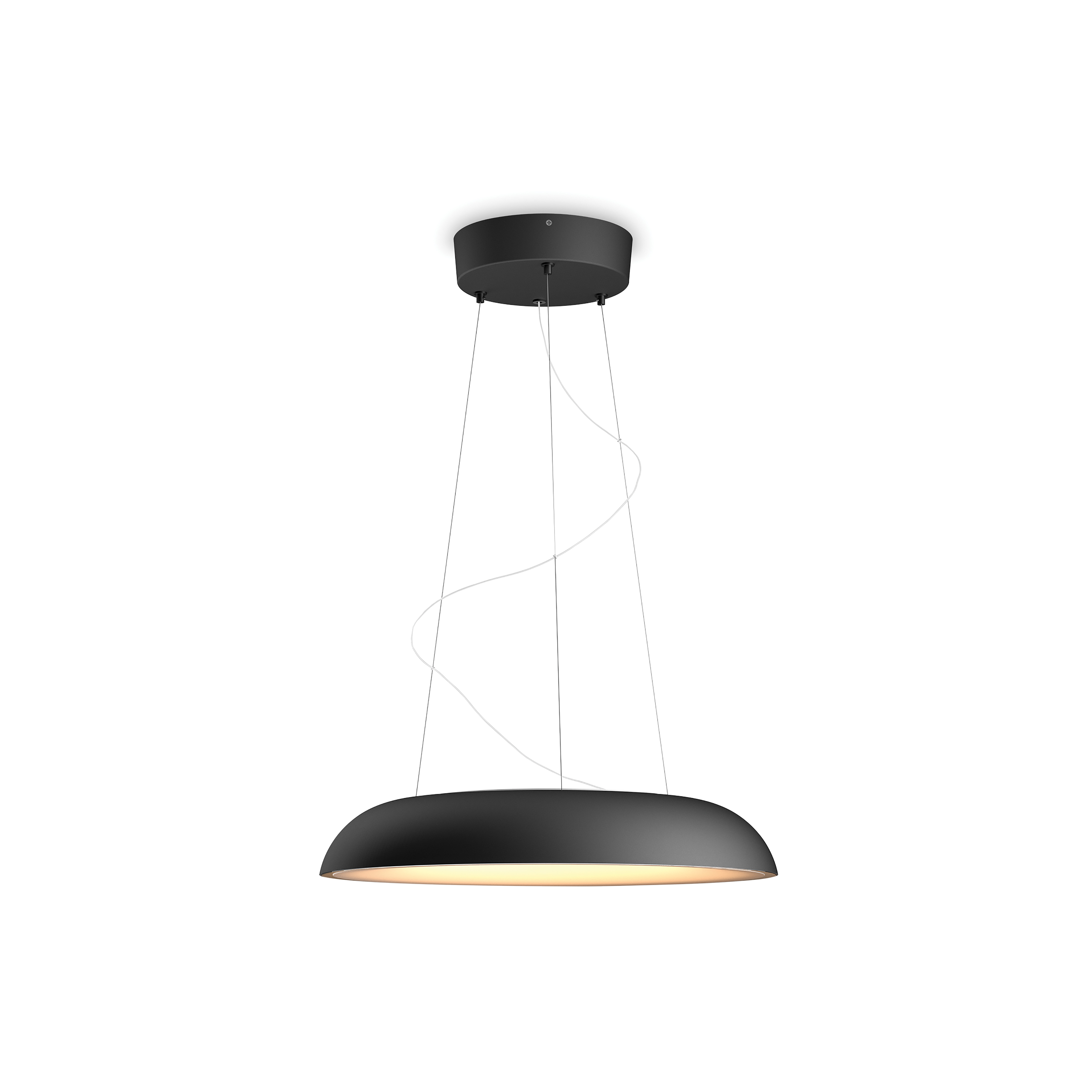 Un luminaire suspendu noir et rond avec une lumière dirigée vers le bas.