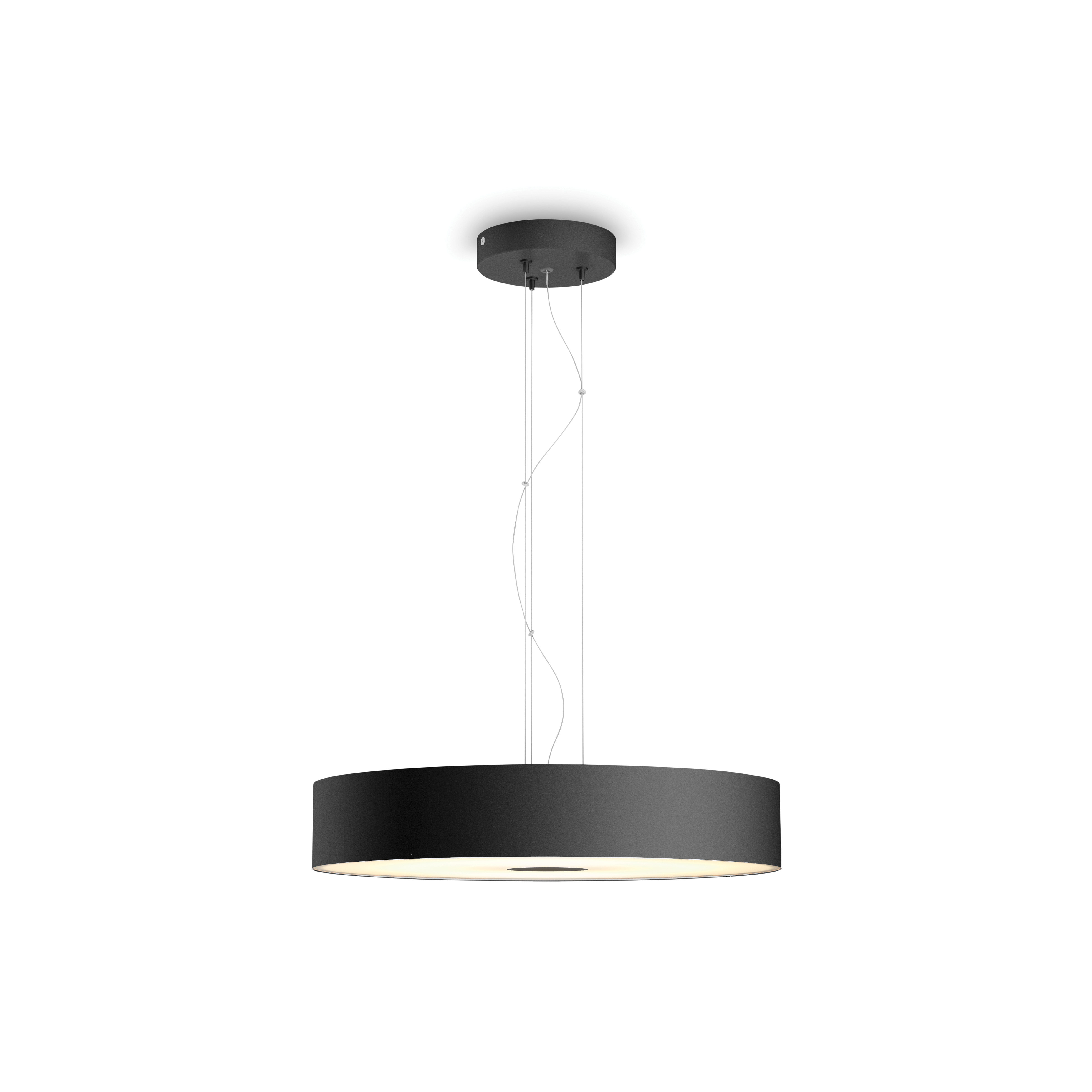 Une suspension Philips Hue noire suspendue au plafond. Elle est ronde.