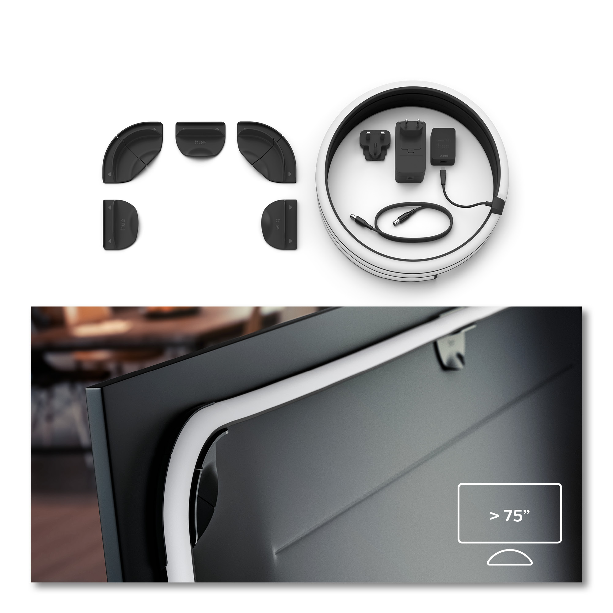 Elementy zestawu TV, w tym narożniki, zasilacz i duży ekran telewizora.