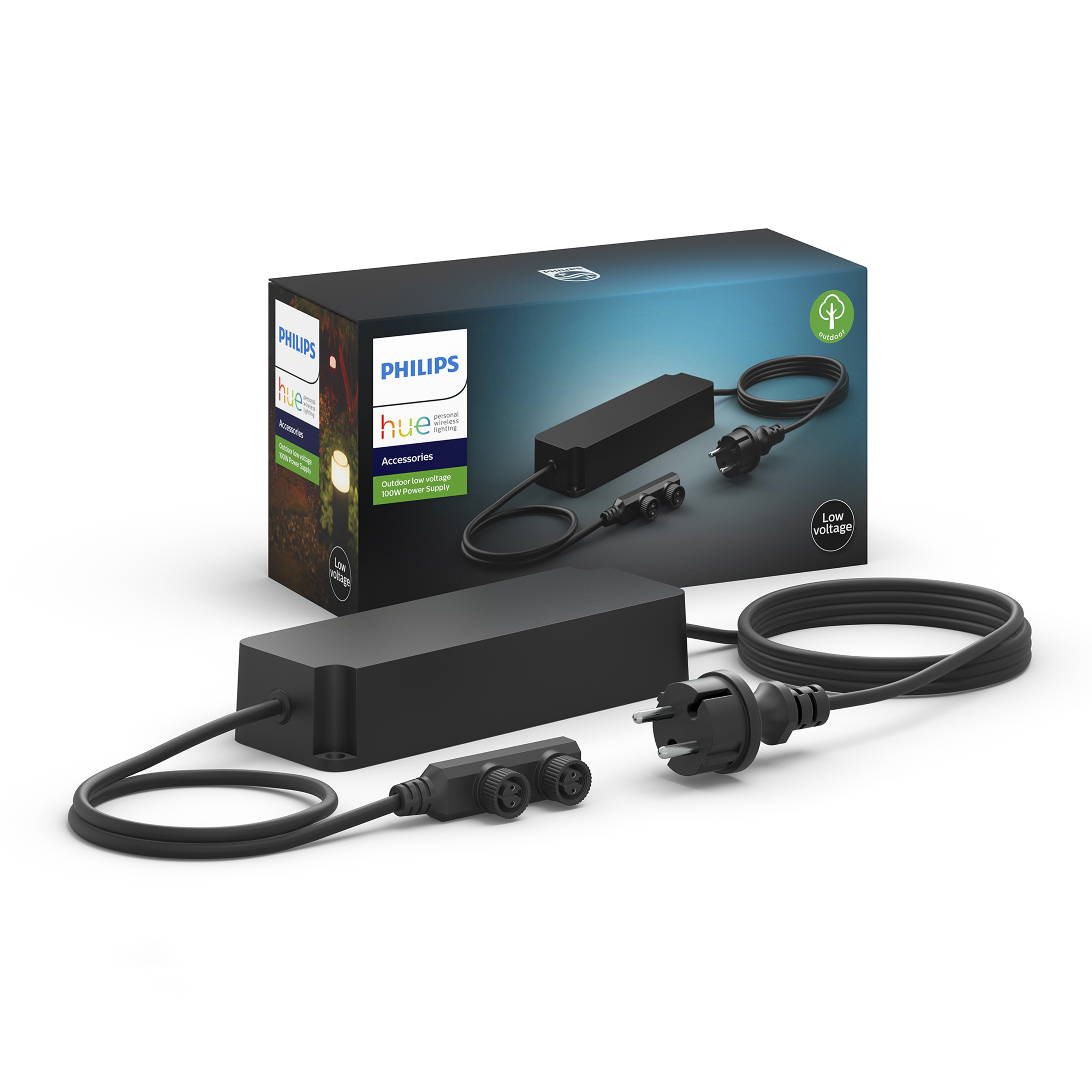 Philips Hue Niederspannungs-Netzteil-Kit. Schwarze Box, Kabel und Stecker sind sichtbar.