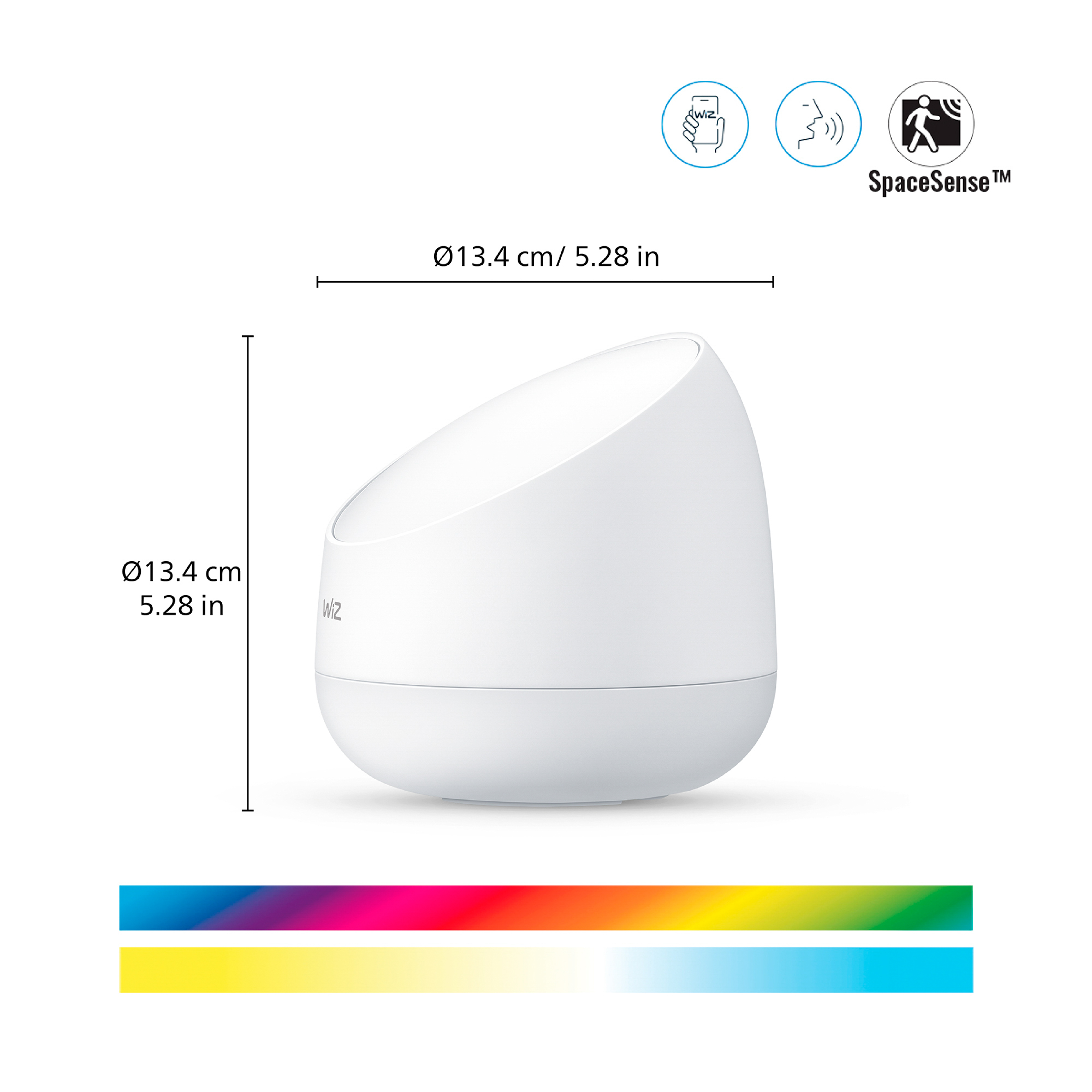 A white smart lamp, with a side view showing its rounded shape and dimensions.