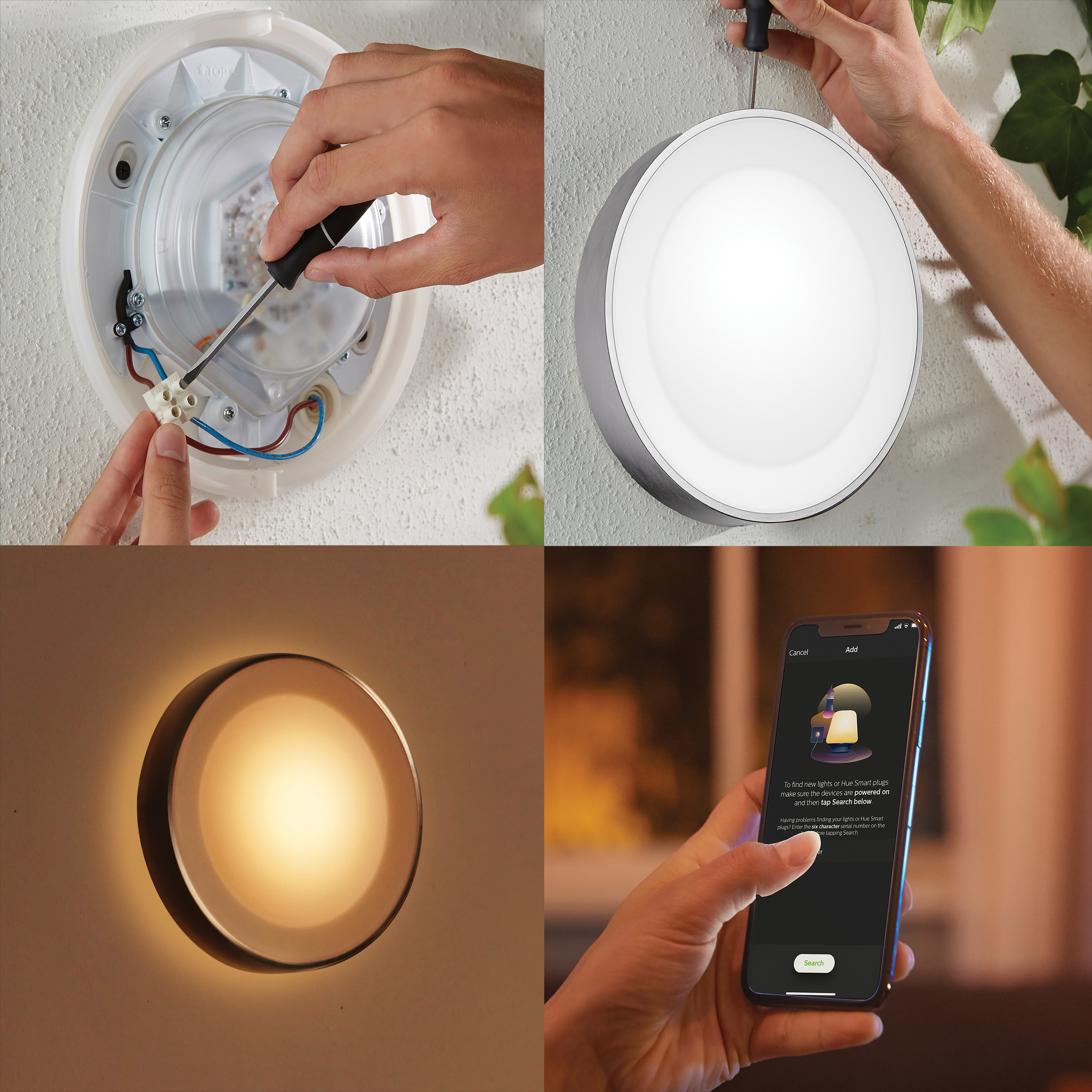 Installatie van een ronde buitenlamp; diverse stappen en een smartphone app interface.