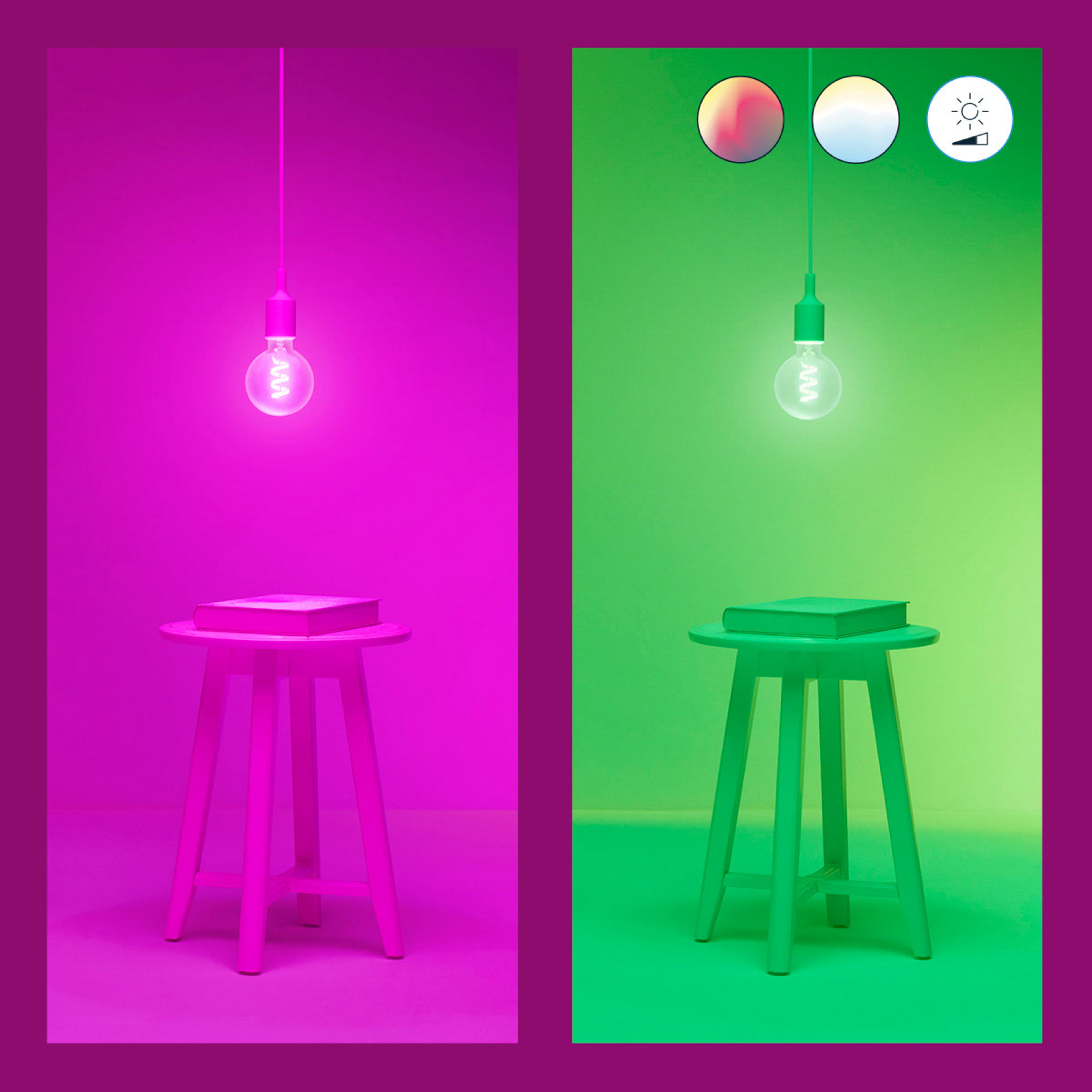 Dwa obrazy: żarówka nad stołem z książką, jeden różowy i jeden zielony.