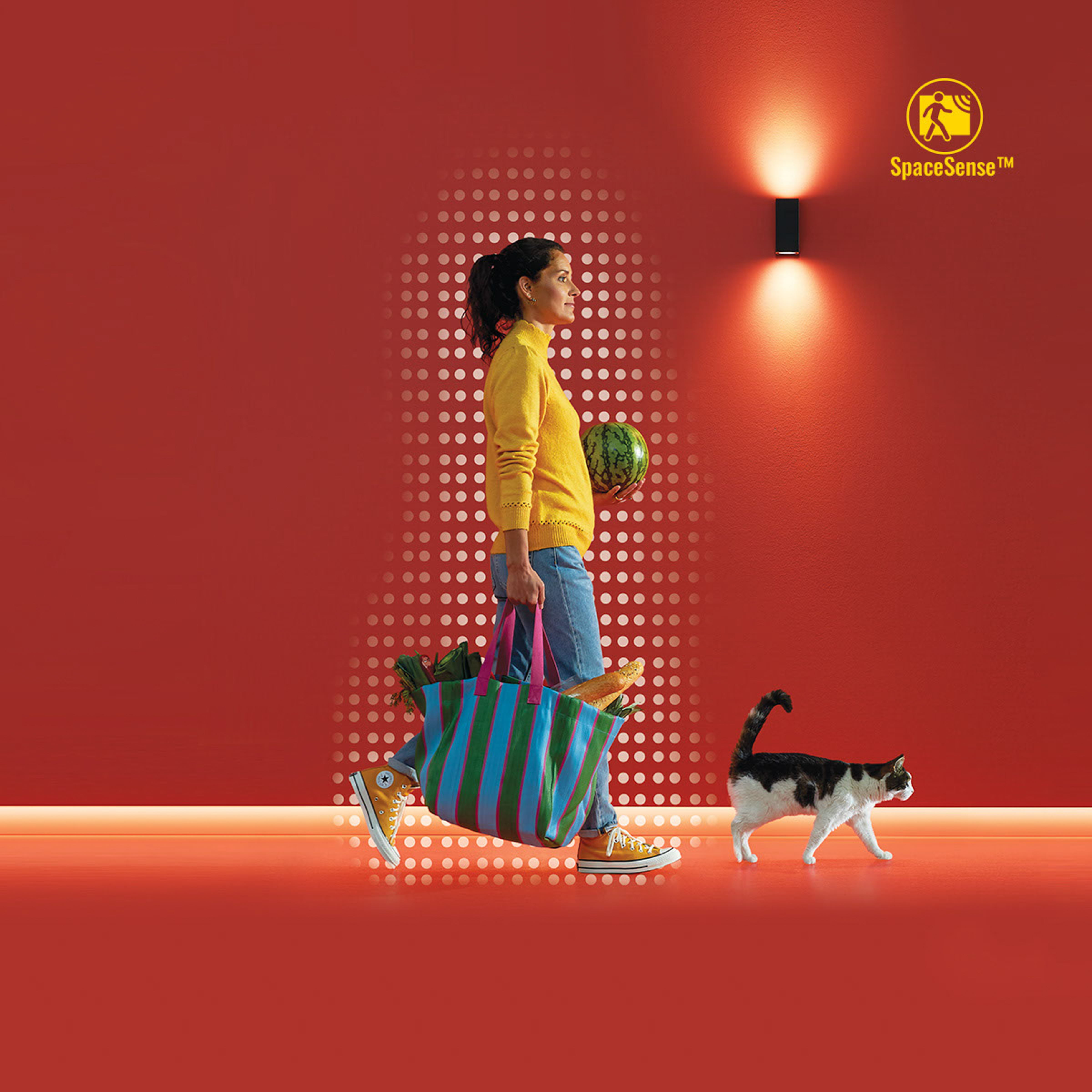 Kobieta z zakupami, kot idzie obok czerwonej ściany ze światłem.