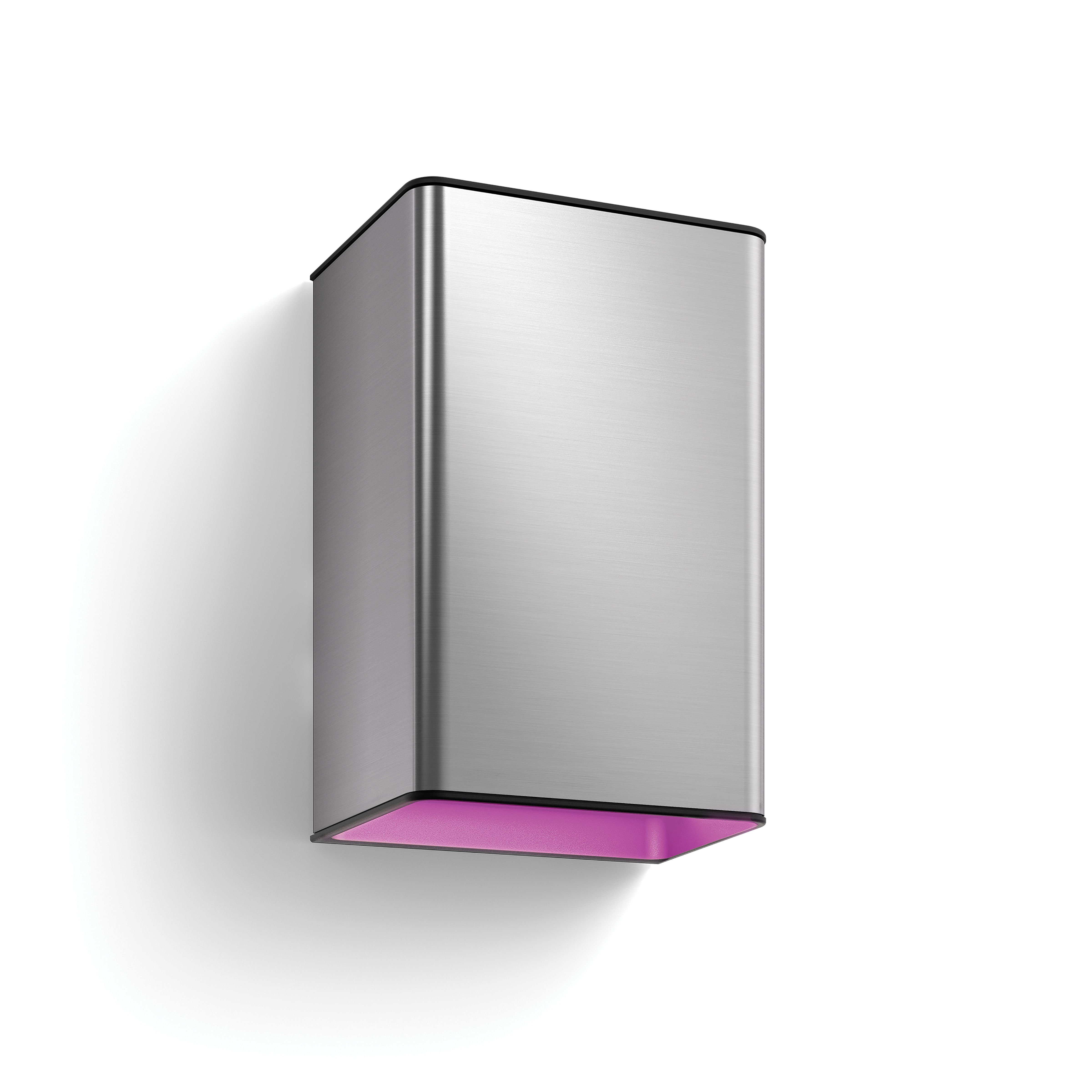 Lumière rectangulaire argentée avec lueur interne rose, sur un mur blanc, avec ombre.