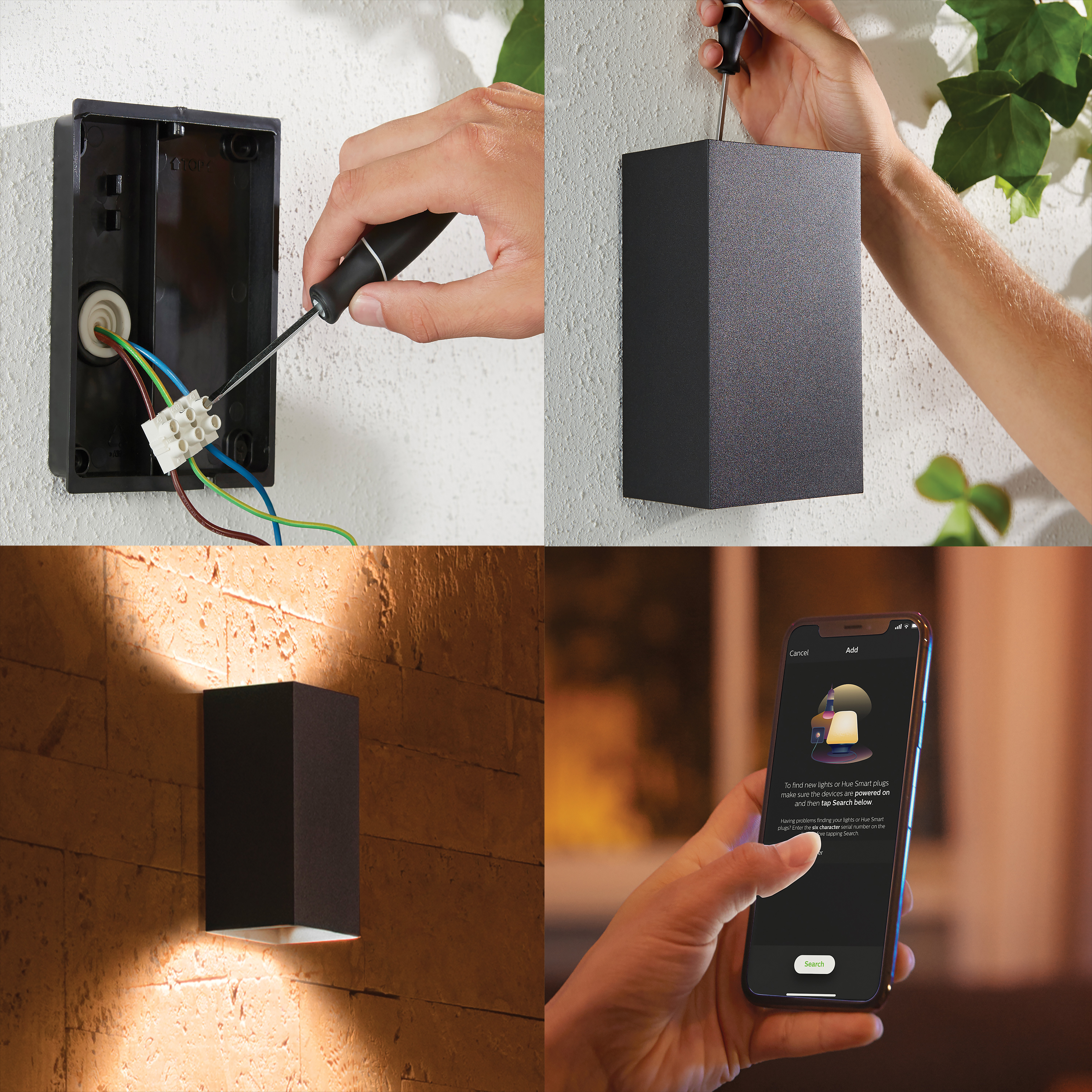Homme installant une lampe extérieure noire. La scène comprend un mur, des outils et un écran de téléphone.