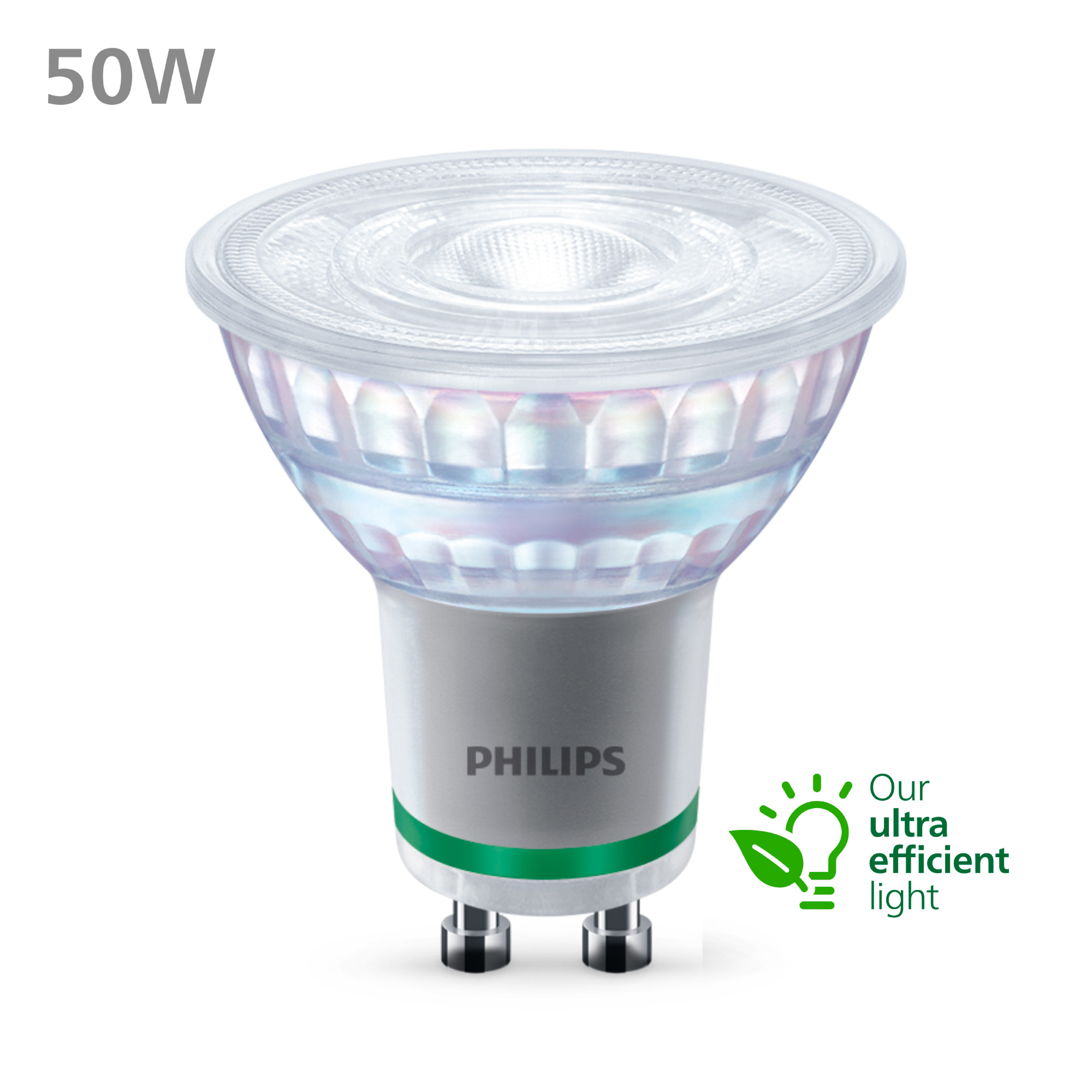 Une ampoule LED Philips avec une ligne verte, avec le texte 50W et Notre lumière ultra efficace.