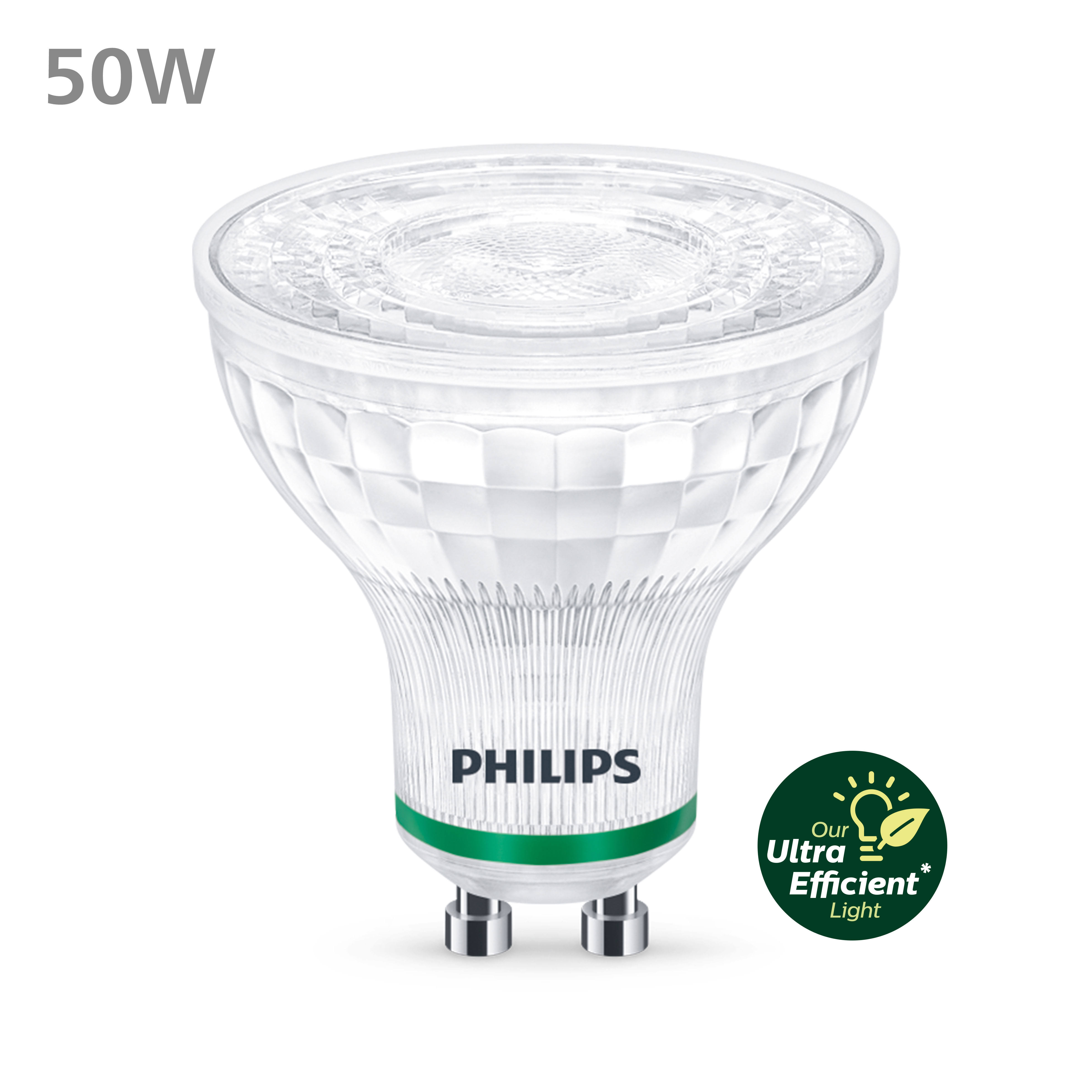 Una lampadina Philips. Ha un anello verde e dice 'Philips'.