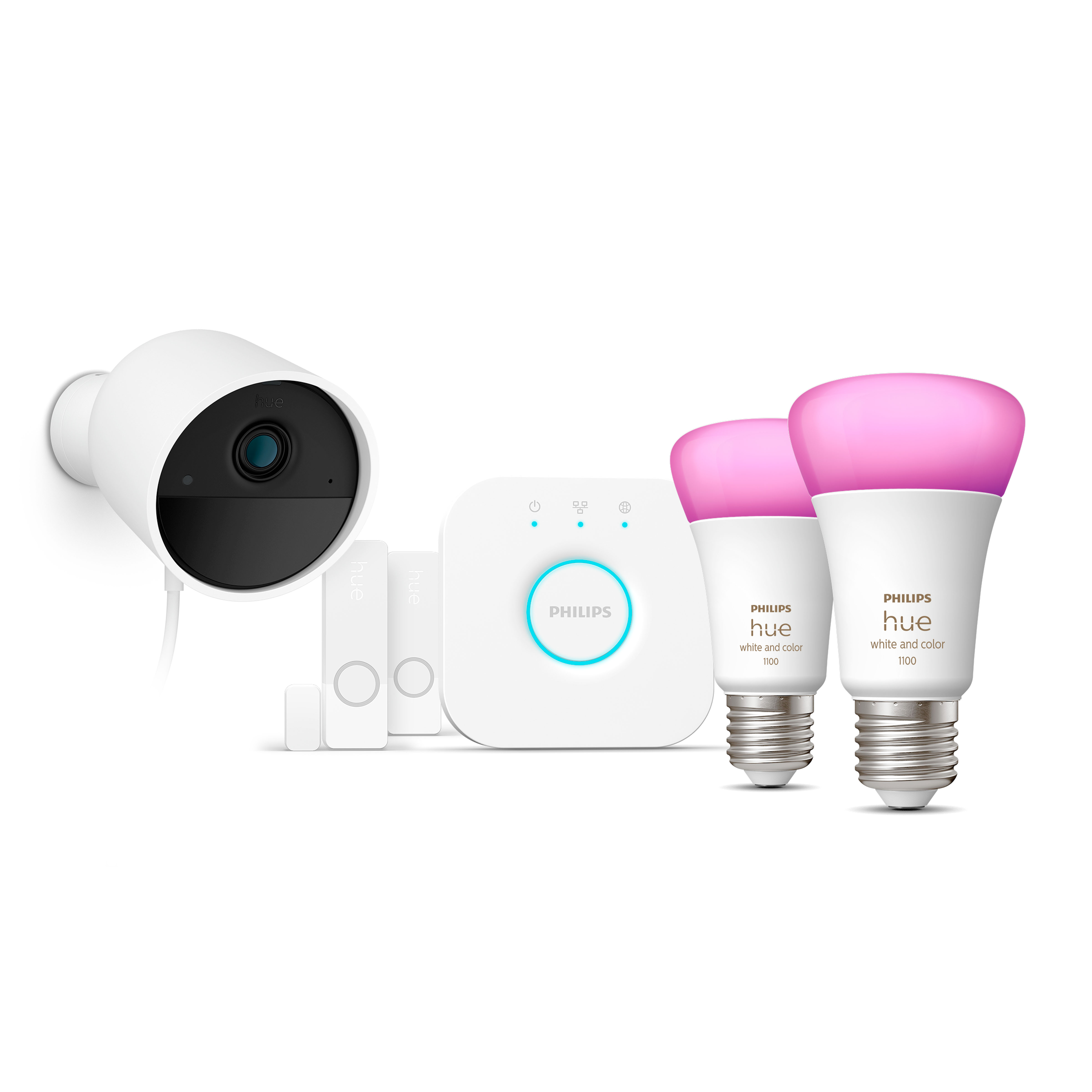 Smart-Home-Sicherheitsset: Kamera, Sensor, Hub und zwei pinke intelligente Glühbirnen.
