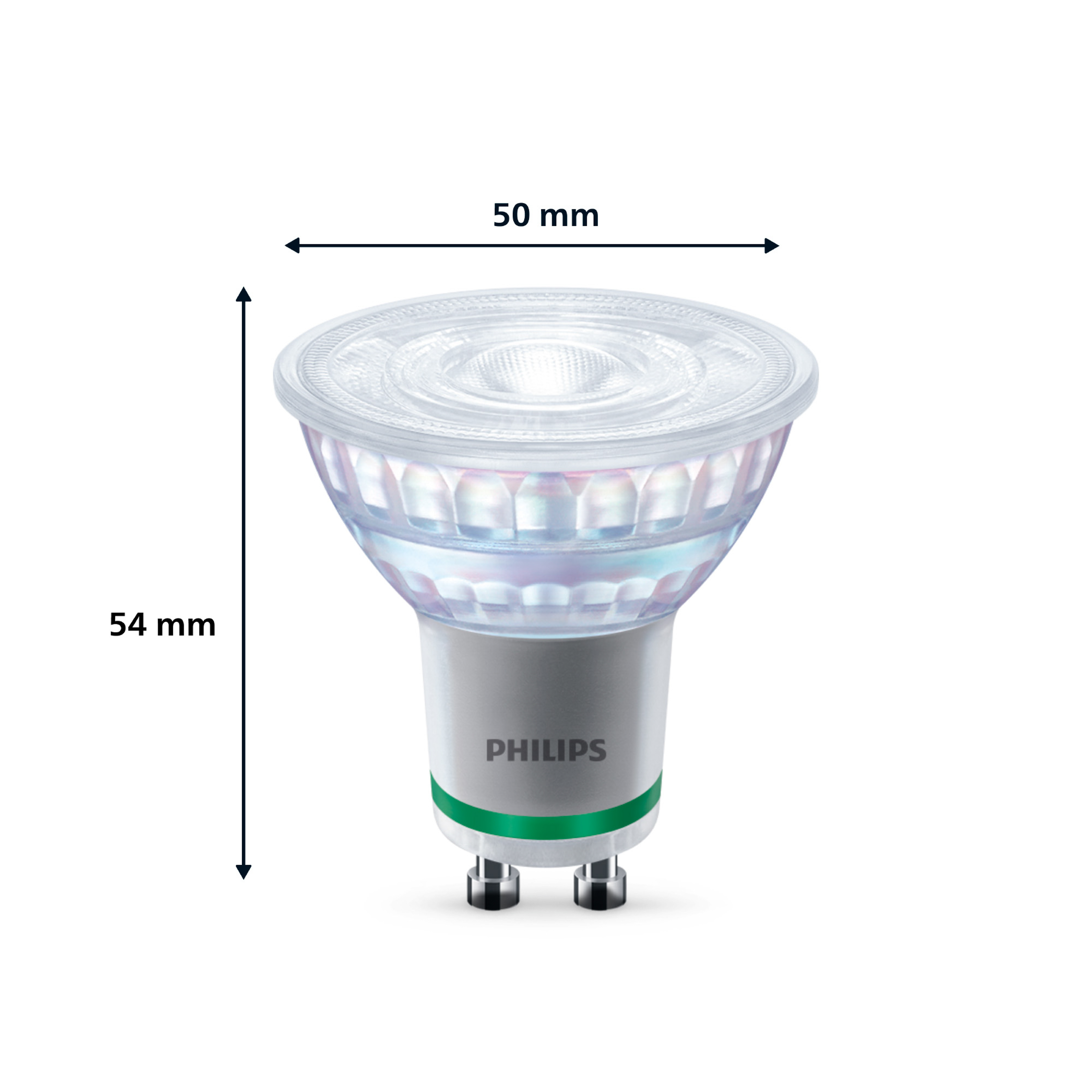 Une ampoule LED Philips avec dimensions, fond blanc, en gros plan.