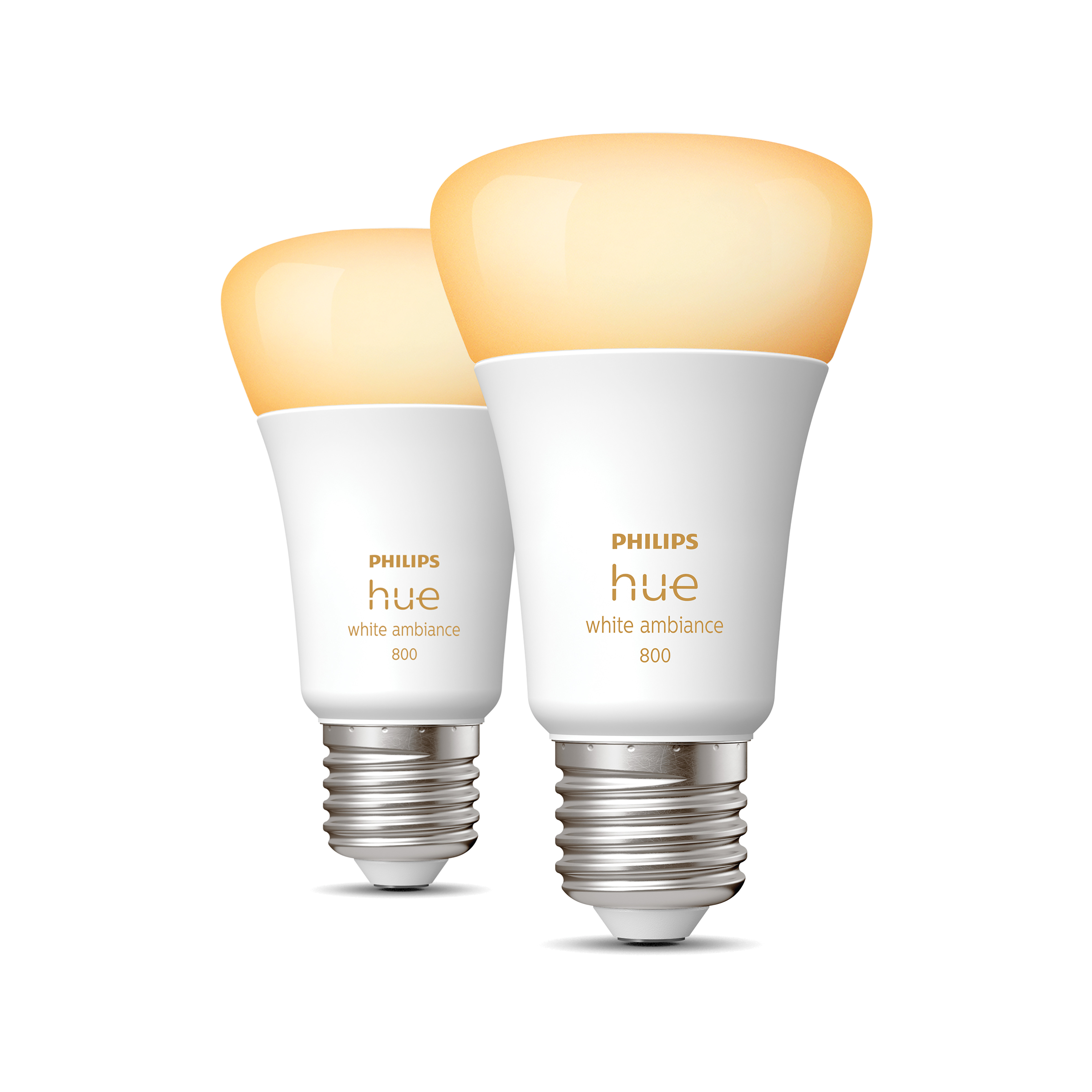 Due lampadine Philips Hue white ambiance 800 su sfondo bianco.