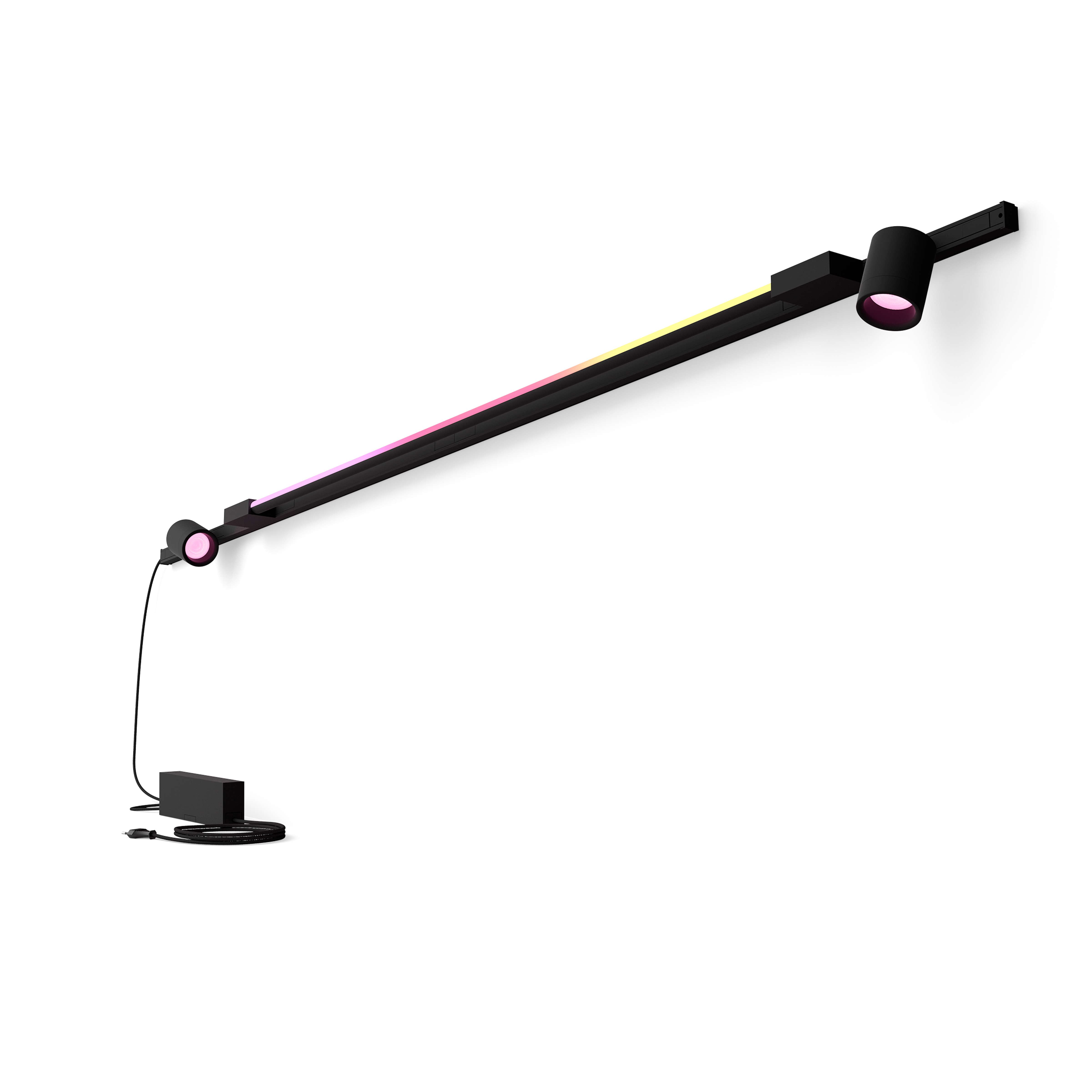 Eine schwarze, lineare Lampe mit farbwechselndem Licht an einer weißen Wand. Zwei Lichter zeigen in entgegengesetzte Richtungen.