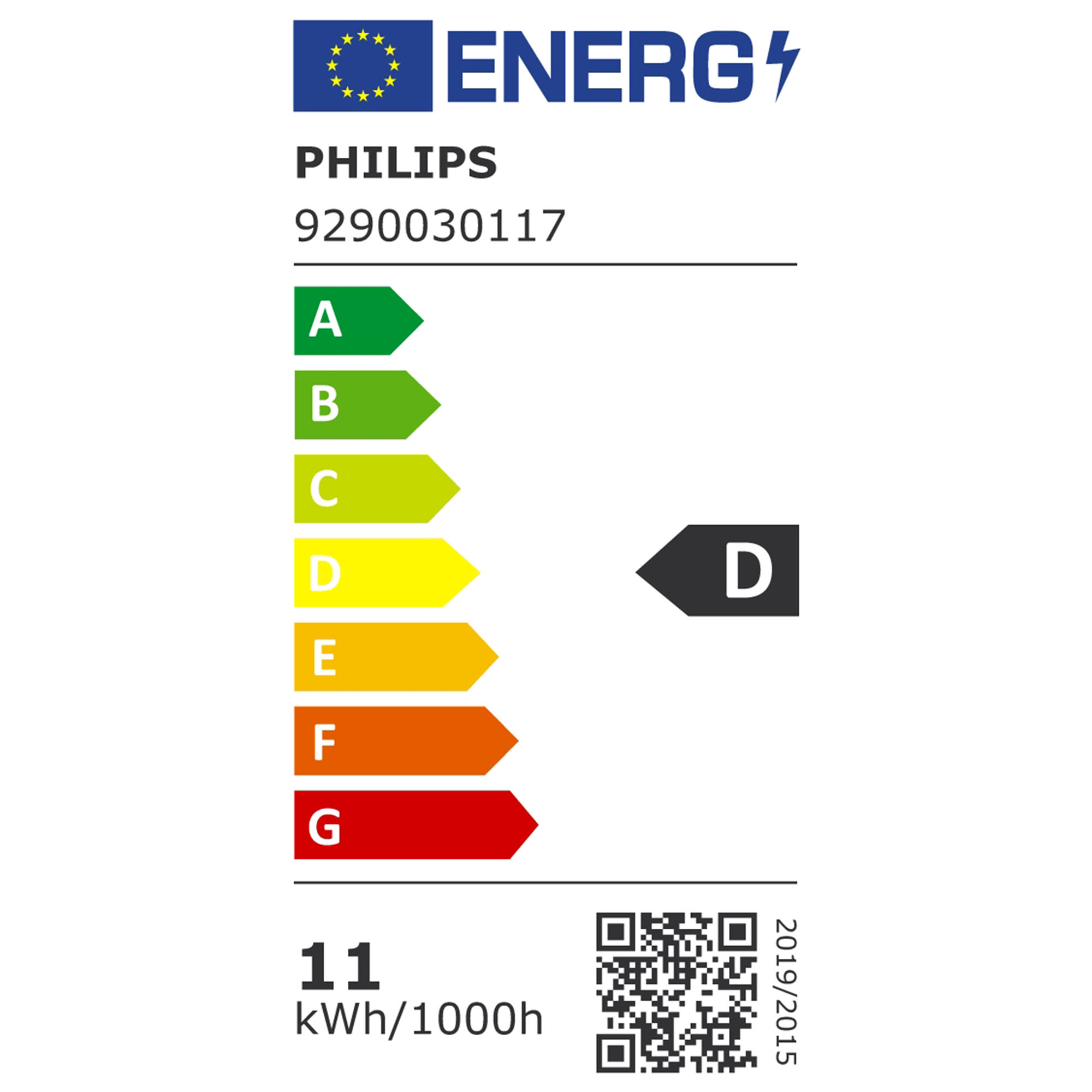 Étiquette d'efficacité énergétique. Affiche les notes de A à G, avec la note D en surbrillance.