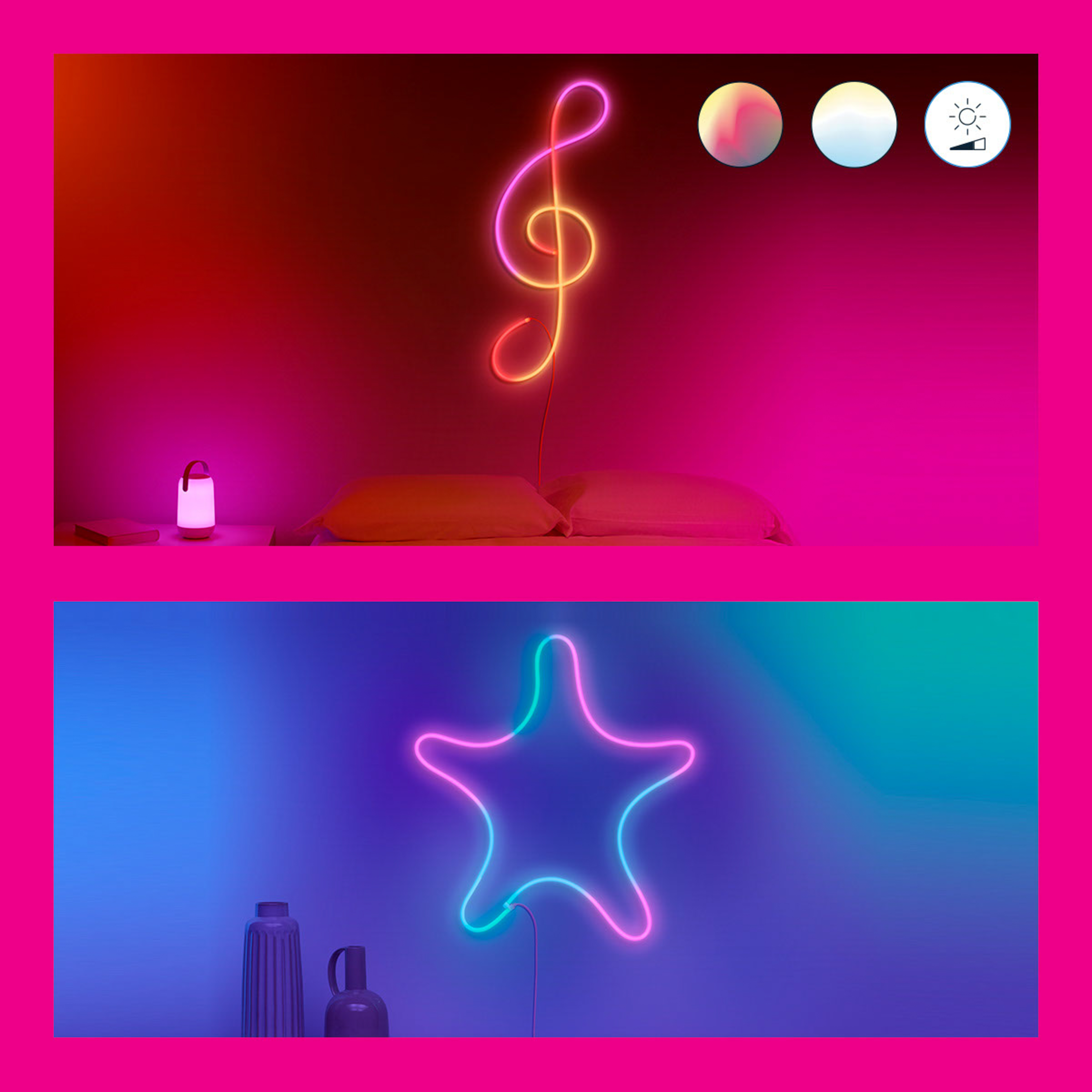 Due motivi di luce al neon: una chiave di violino e una stella, con opzioni di colore. Su sfondo rosa.