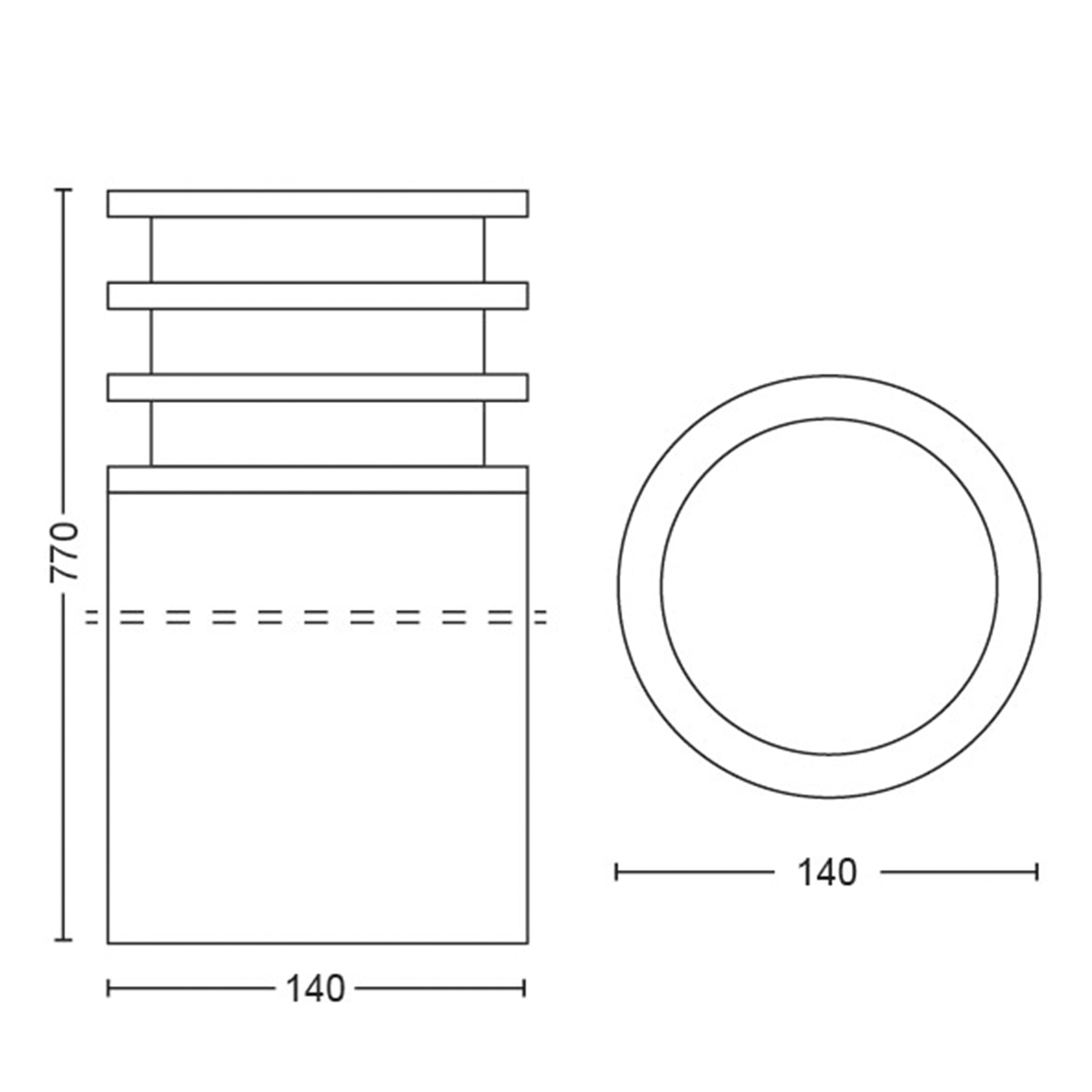 Technische Zeichnung einer quadratischen Leuchte. Zeigt Abmessungen. Weißer Hintergrund.