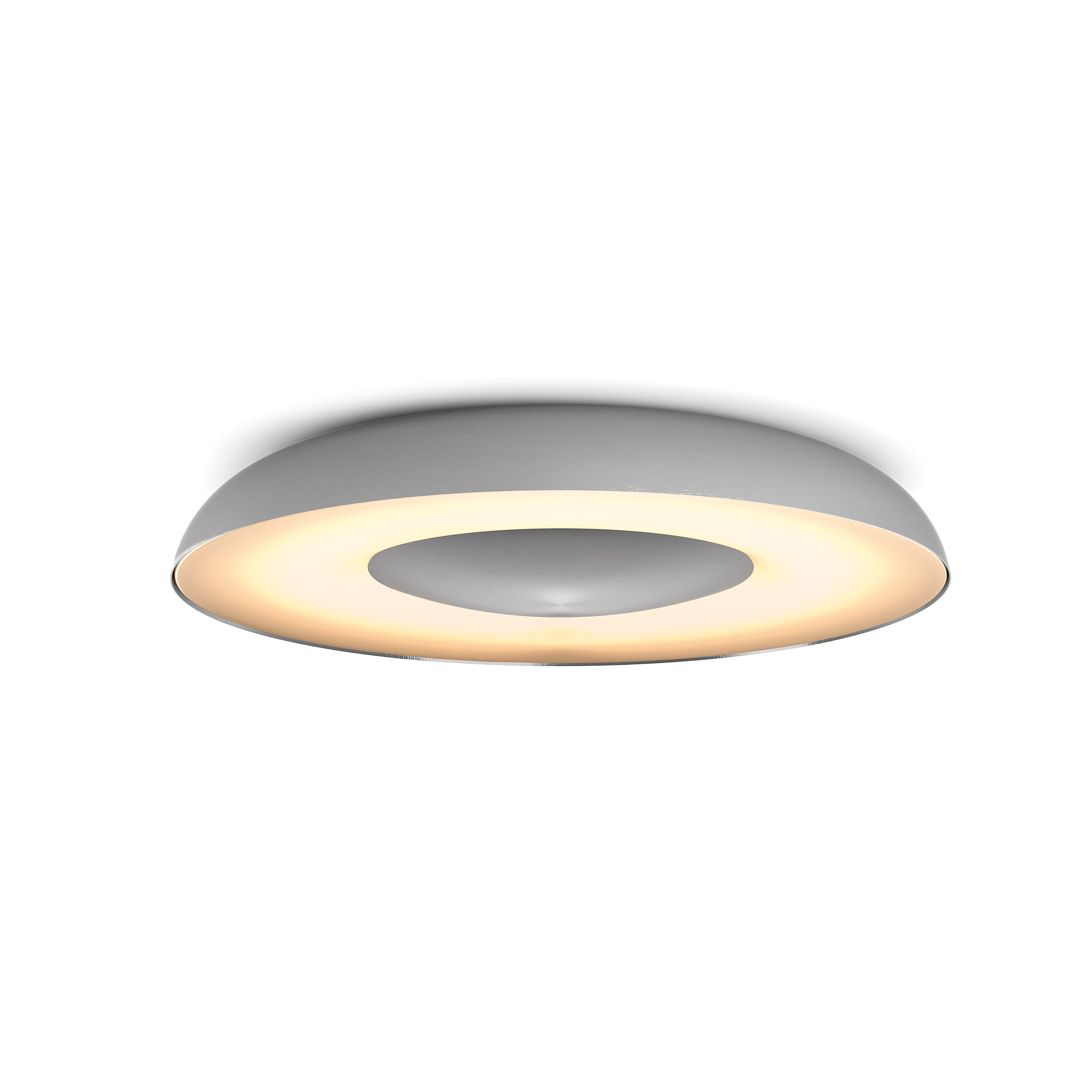 Una lámpara de techo blanca con un diseño circular que emite un brillo amarillo cálido sobre un fondo blanco.