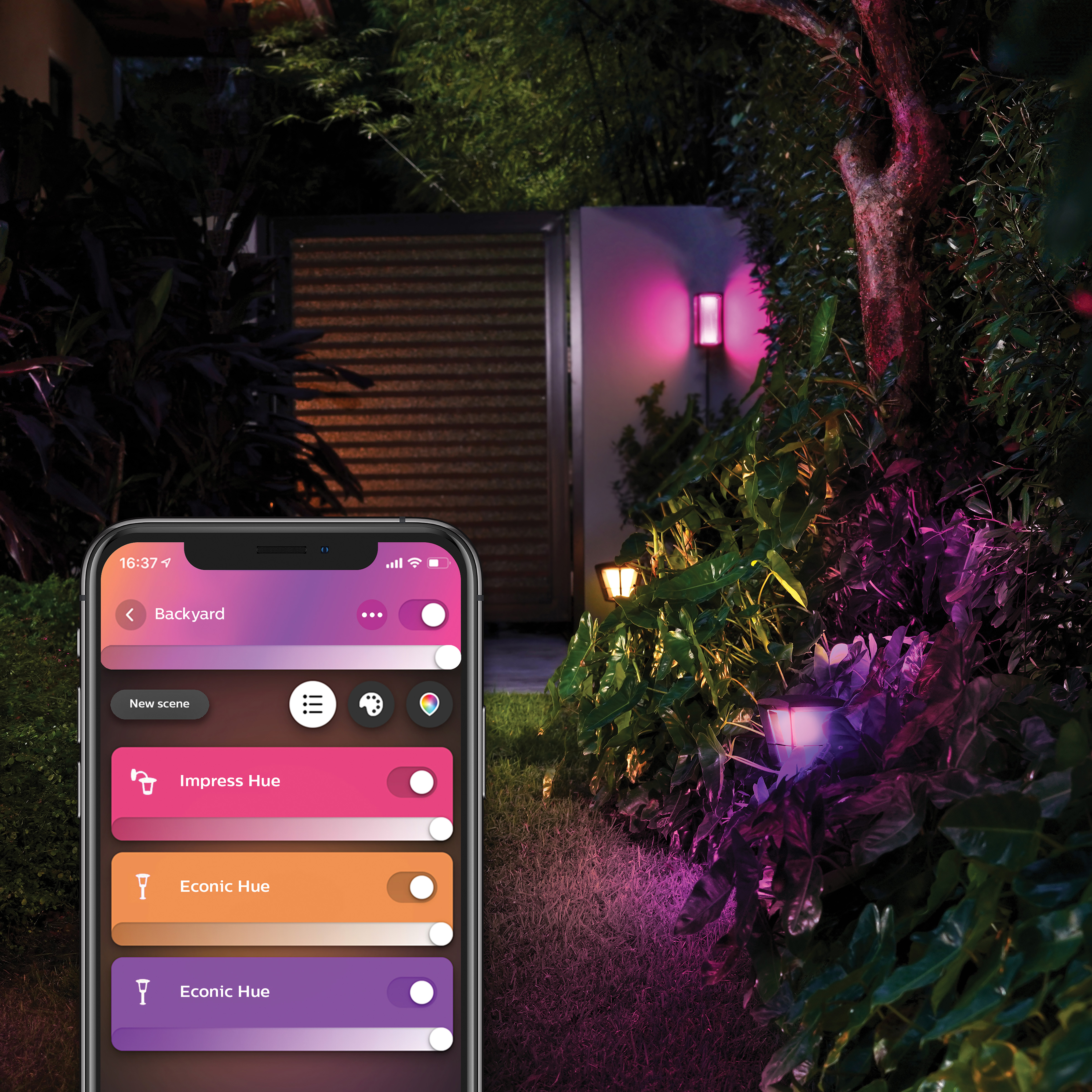 Smartphone mit intelligenten Lichtern in einem Garten bei Nacht. Farbige Lichter sichtbar.