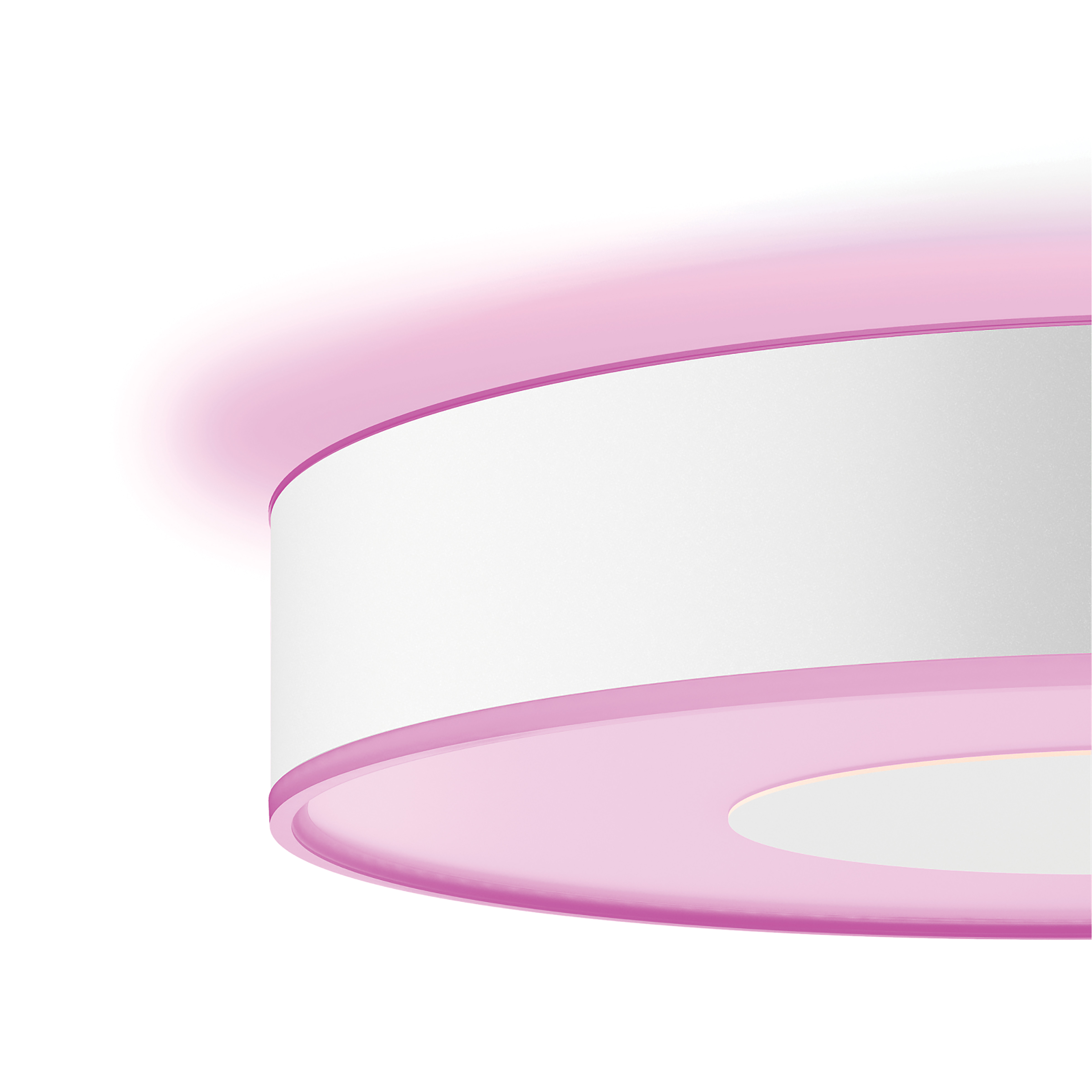 Zbliżenie na białą i różową lampę sufitową. Światło jest okrągłe z białym środkiem.