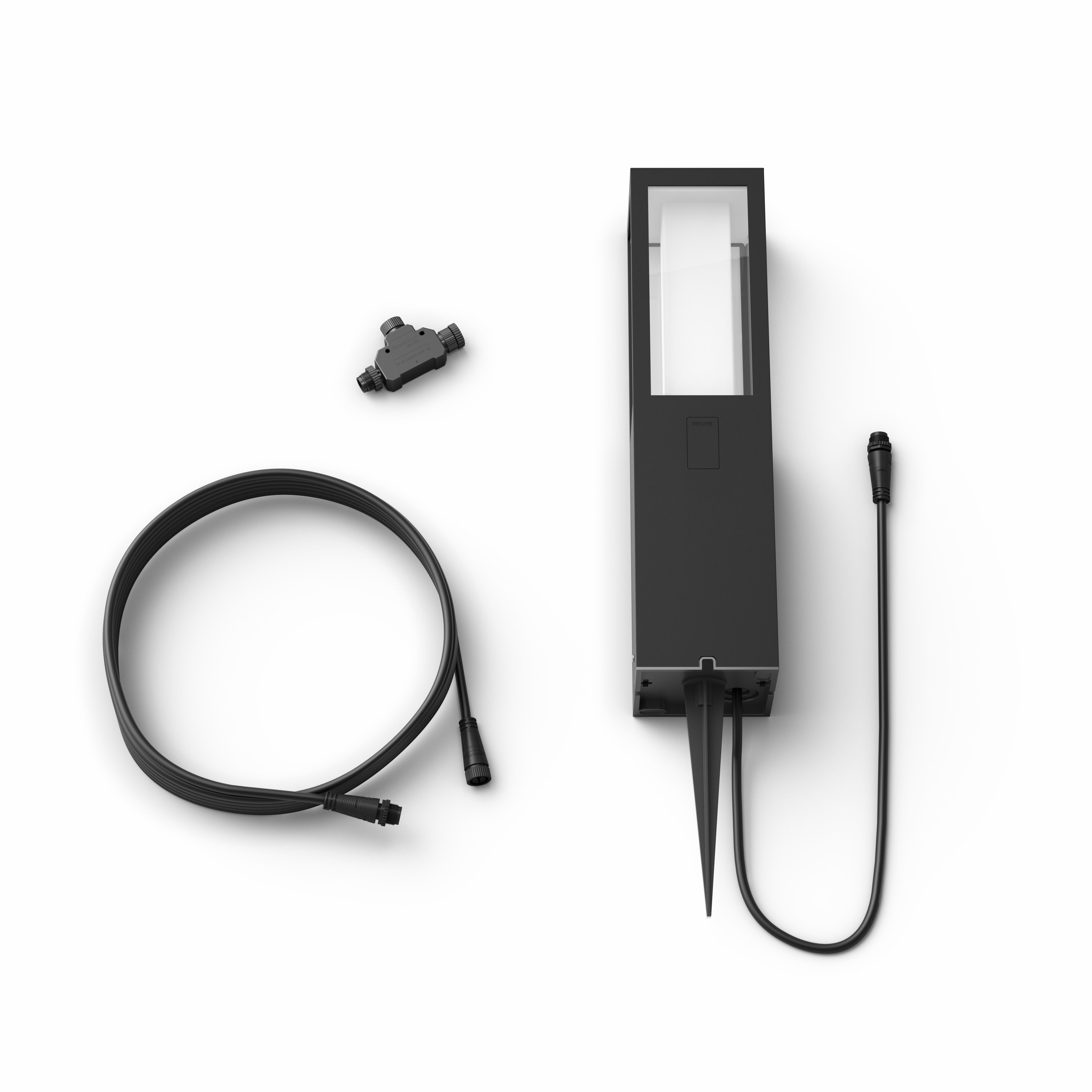 Czarna lampa zewnętrzna z akcesoriami, w tym złączem i kablem, wszystko na białym tle.