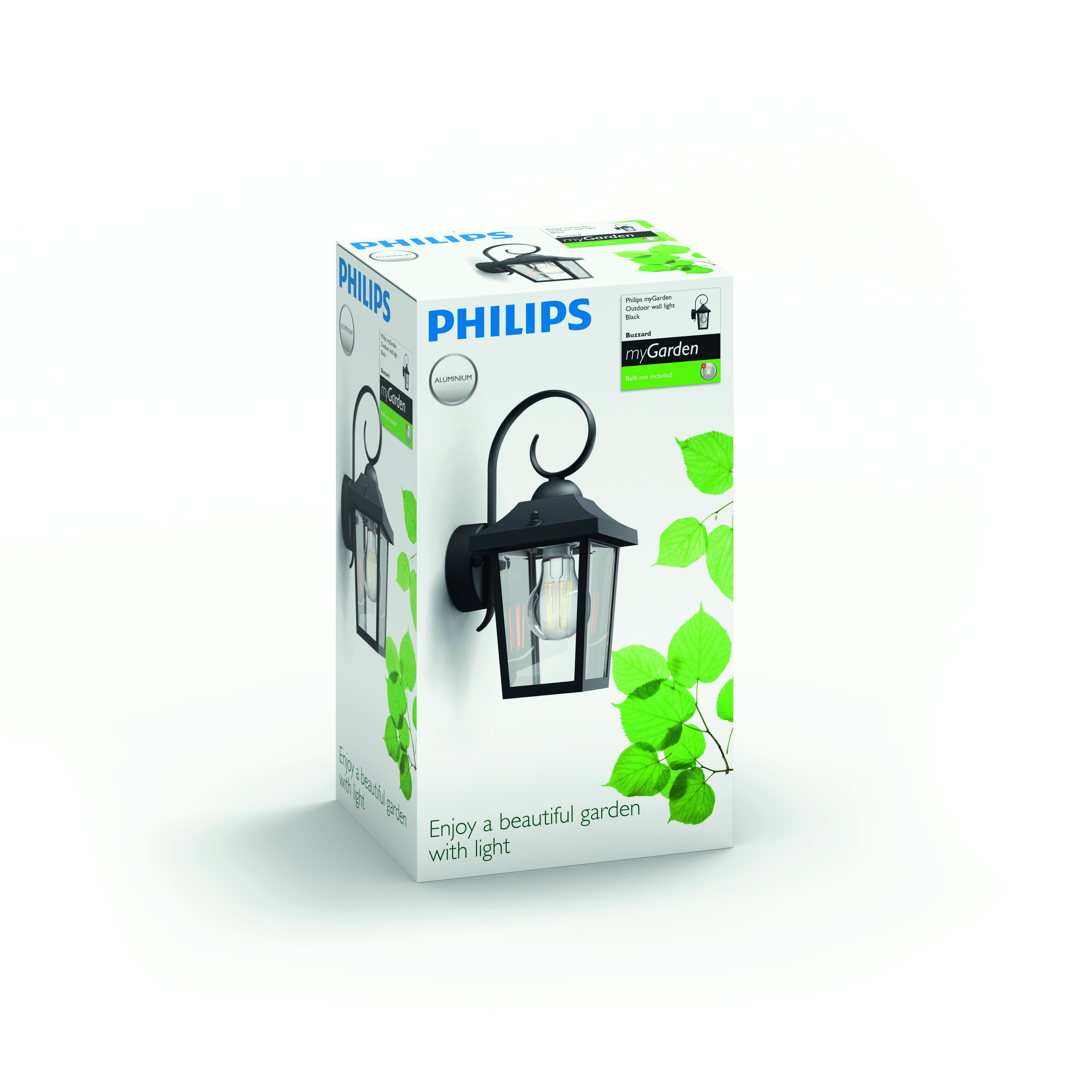 Una caja de luz exterior Philips myGarden sobre fondo blanco. Muestra una linterna negra.