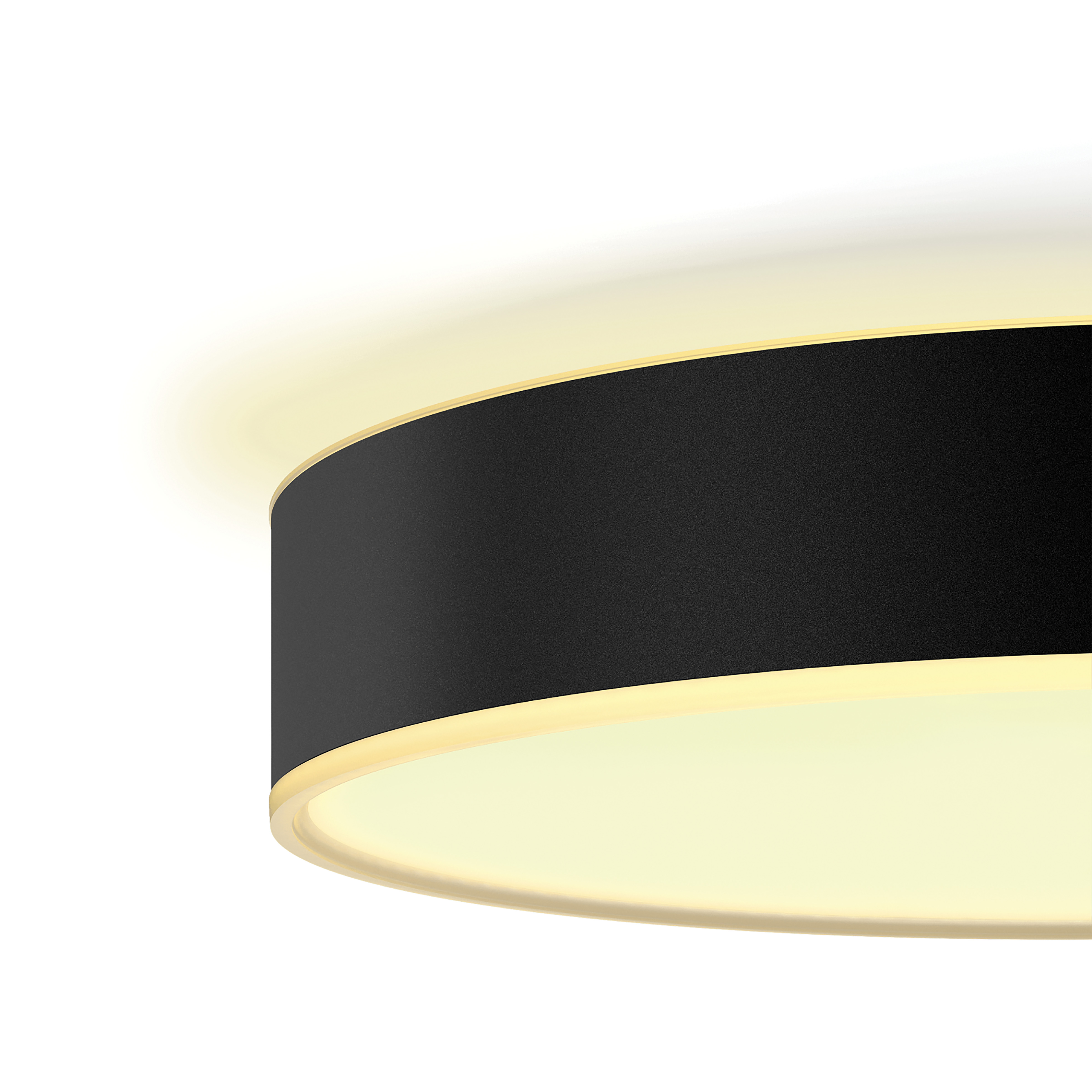 Zbliżenie na okrągłą, czarną lampę sufitową z jasnym, okrągłym źródłem światła.