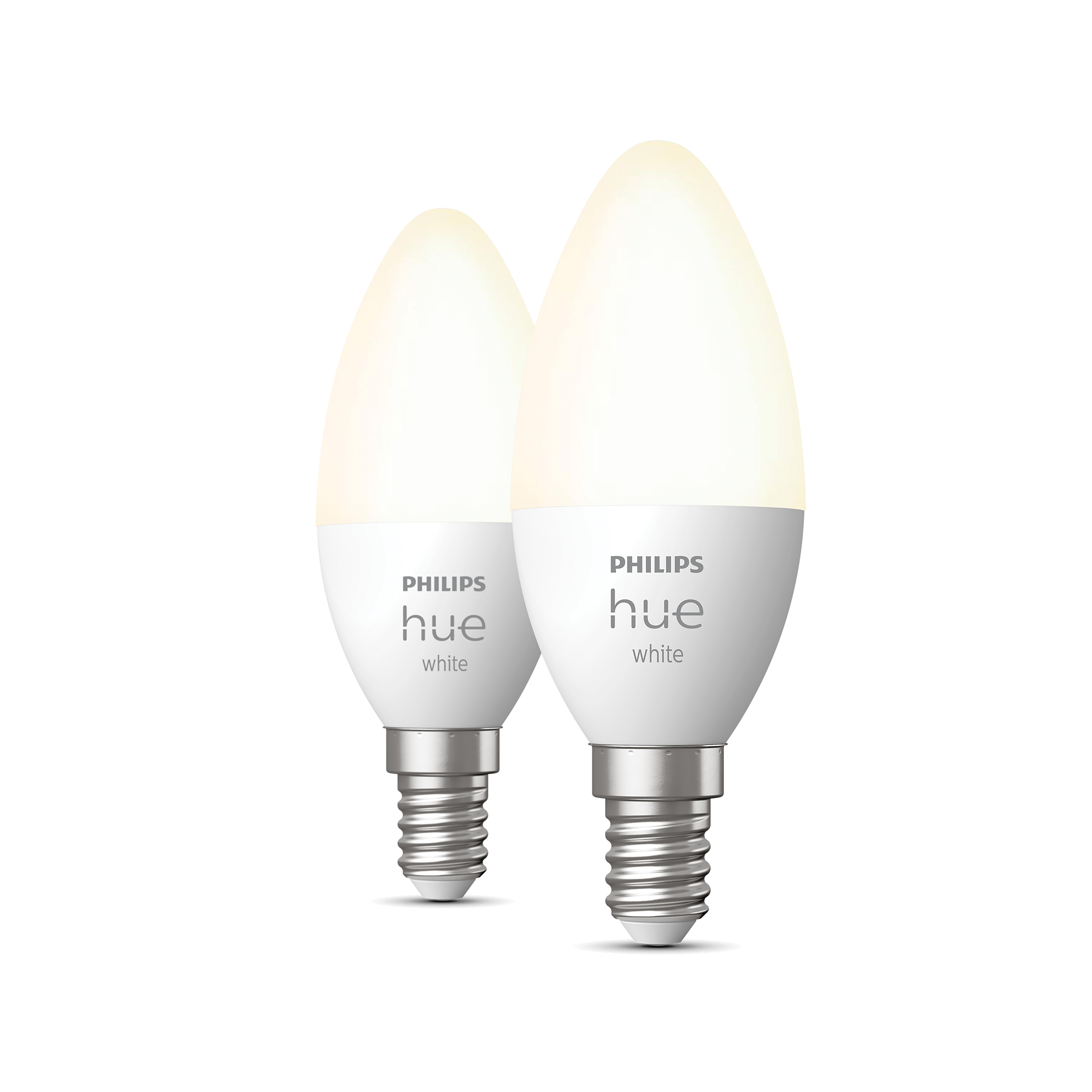 Dwie białe żarówki smart Philips Hue w stylu świecznika, na białym tle.