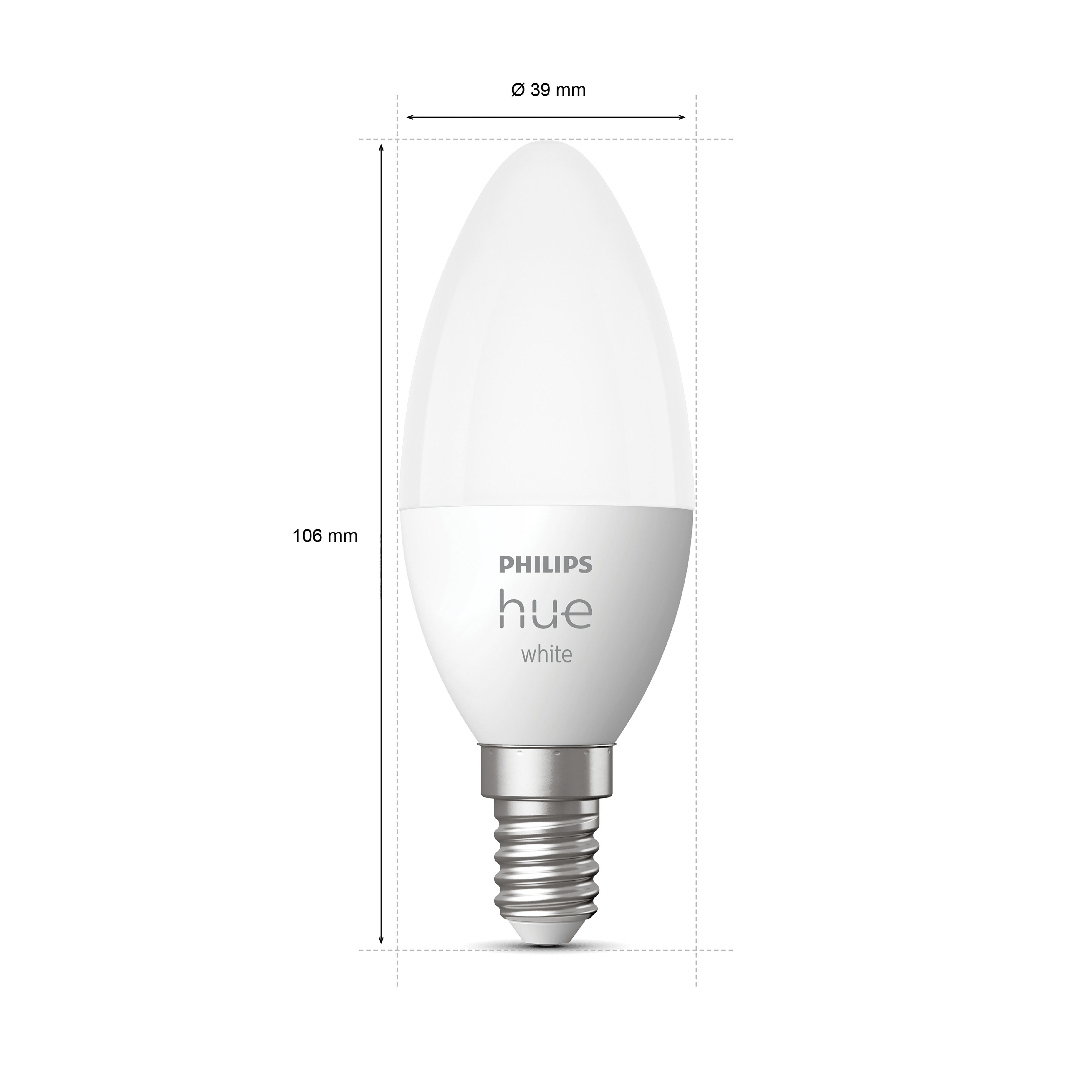 Biała żarówka Philips Hue z wymiarami, pokazująca jej wymiary i szczegóły marki.