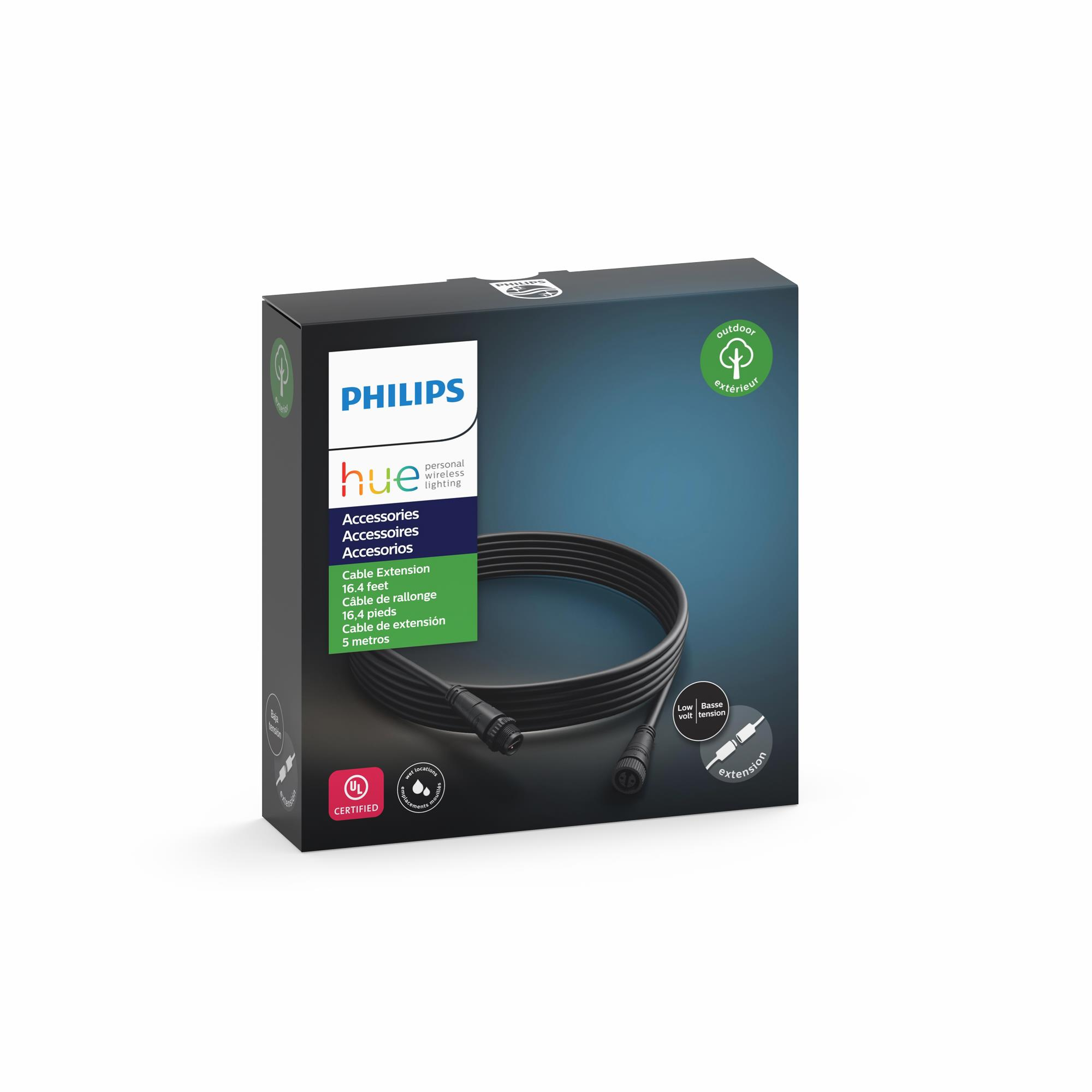 Schwarze Philips Hue Kabelverlängerungsbox. Die Box hat ein Bild des Kabels mit schwarz-weißem Hintergrund.