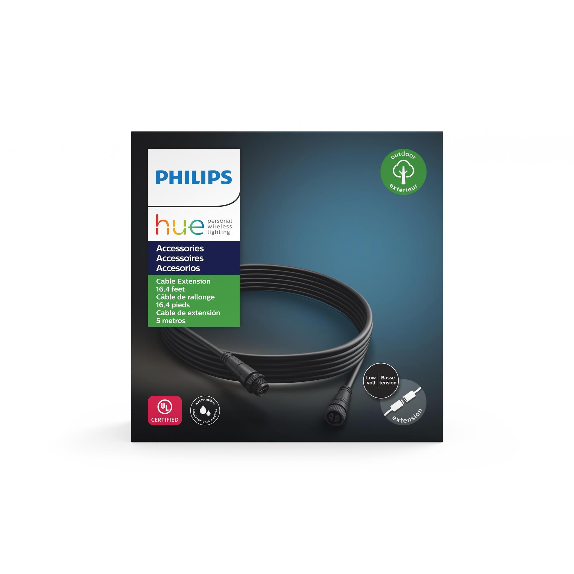Eine schwarze Philips Hue Kabelverlängerung für Außenbeleuchtung, in einer Box.