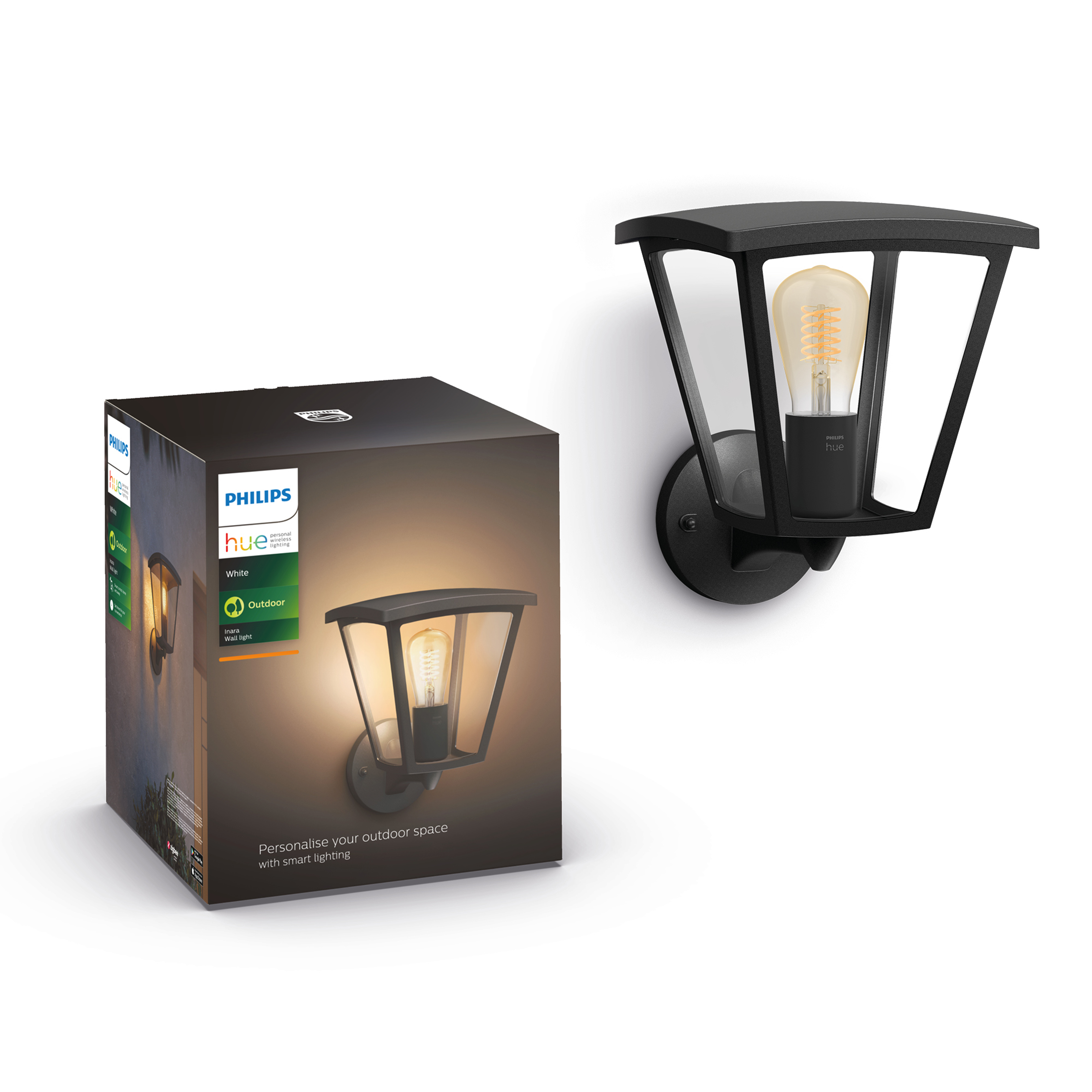 Philips Hue Außenwandleuchte mit Box, zeigt eine schwarze Wandleuchte.