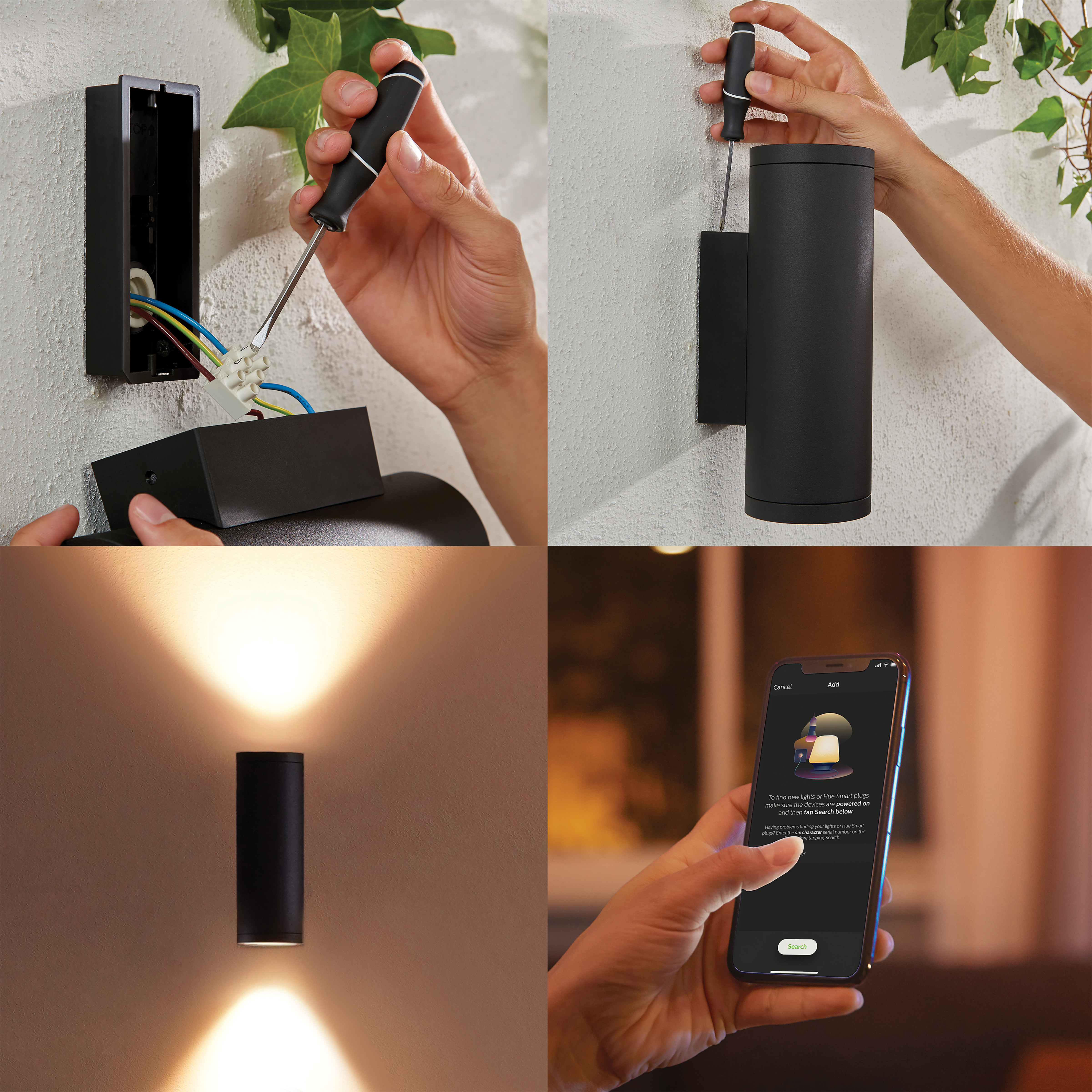 Immagini che mostrano l'installazione di un apparecchio di illuminazione esterno nero.