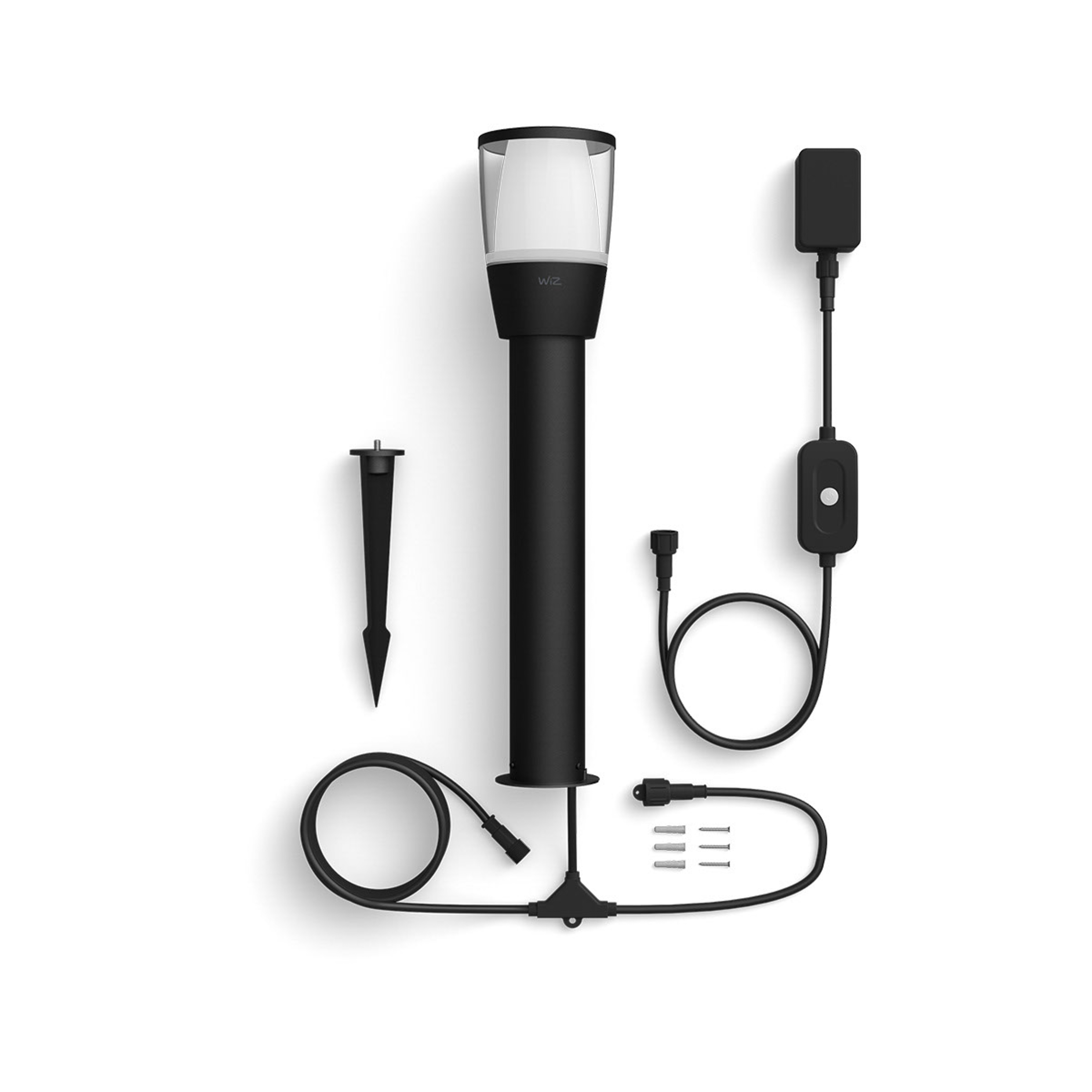 Lampe d'extérieur noire avec composants. Comprend un piquet, un câble d'alimentation et des connecteurs.