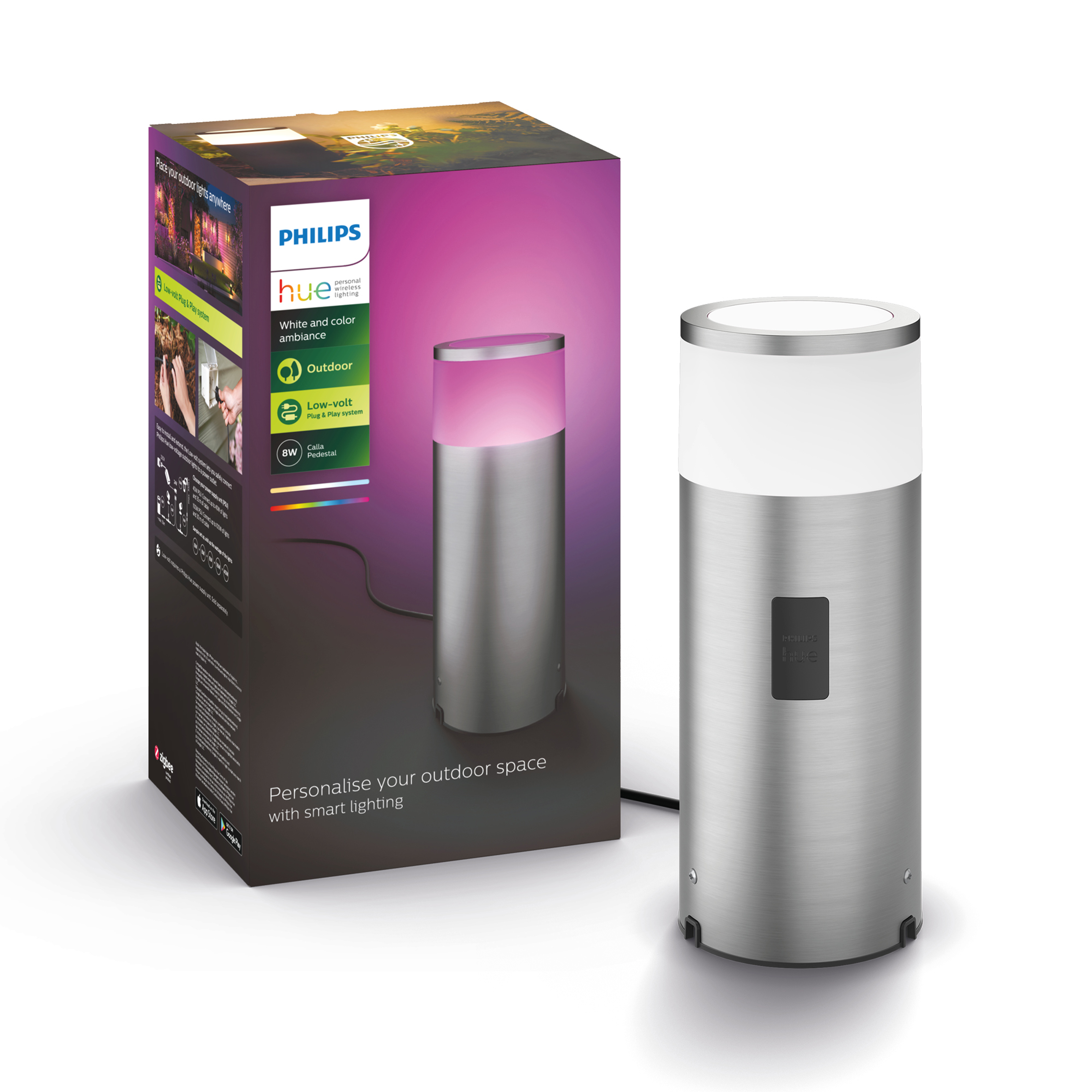 Een zilveren cilindervormige buitenlamp met roze licht en een doos ernaast.
