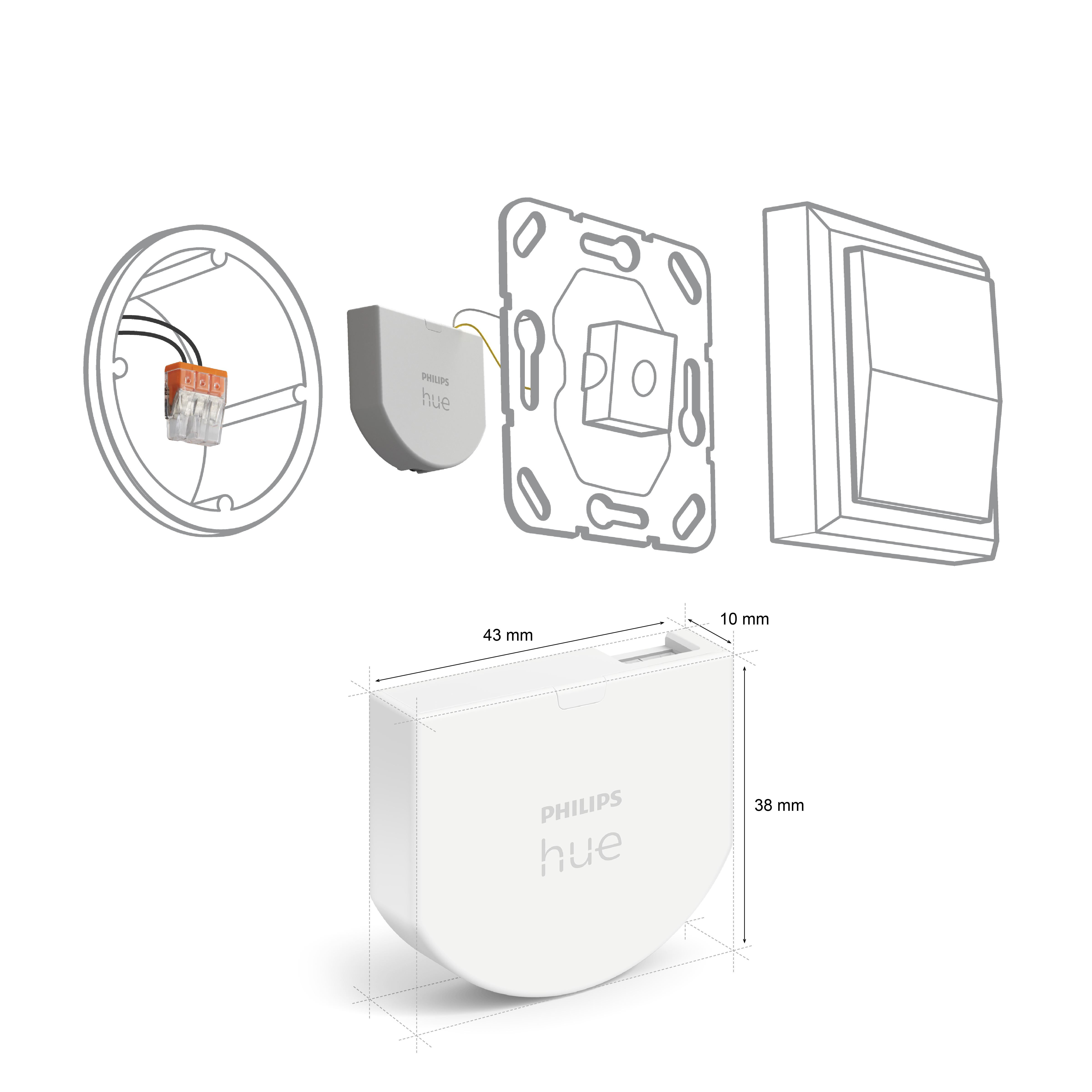Diagramm der Philips Hue Lichtschalterkomponenten. Weiße Komponenten mit schwarzen Linien und Abmessungen.