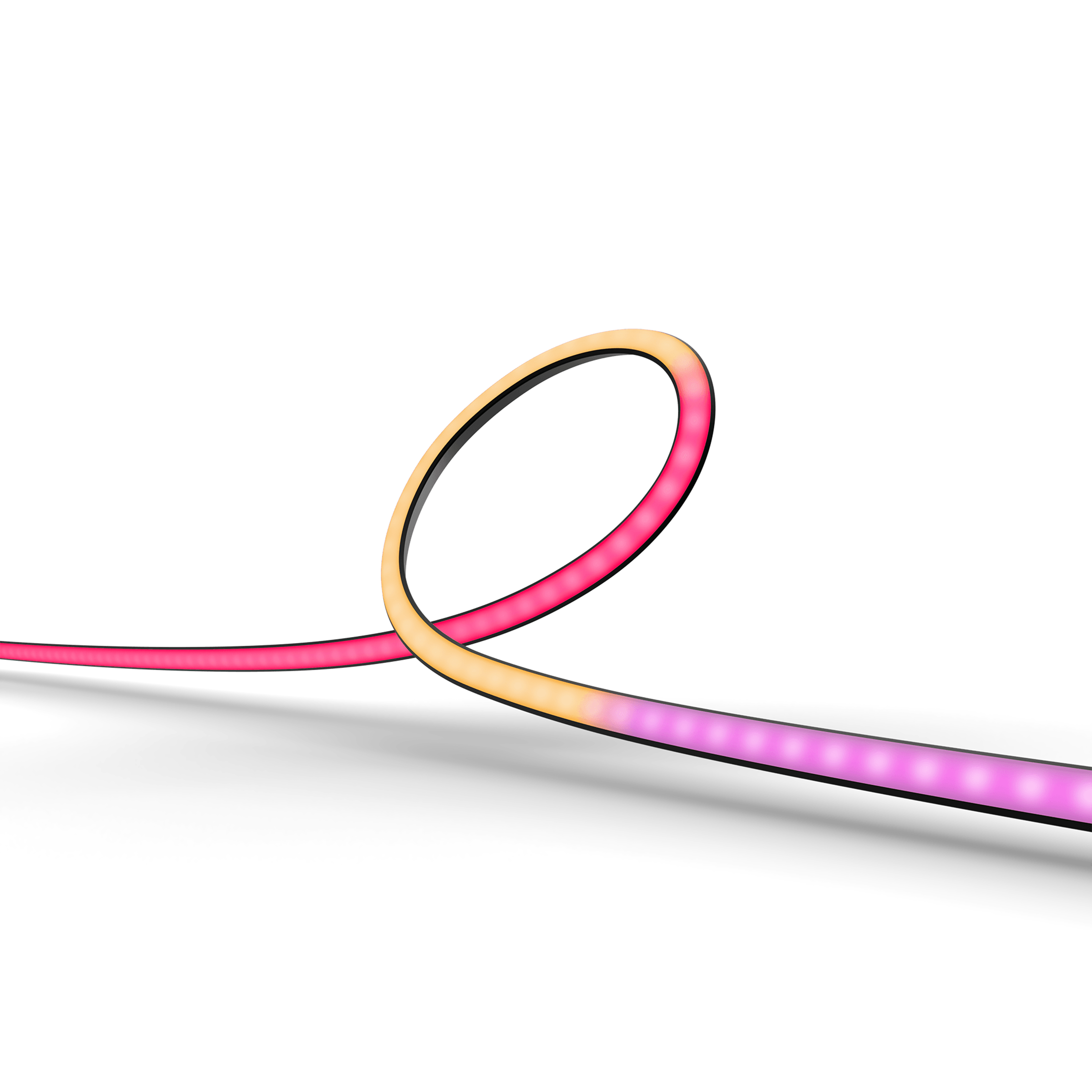 Zakrzywiony pasek świetlny, który pokazuje kolory różowy i żółty na białym tle.