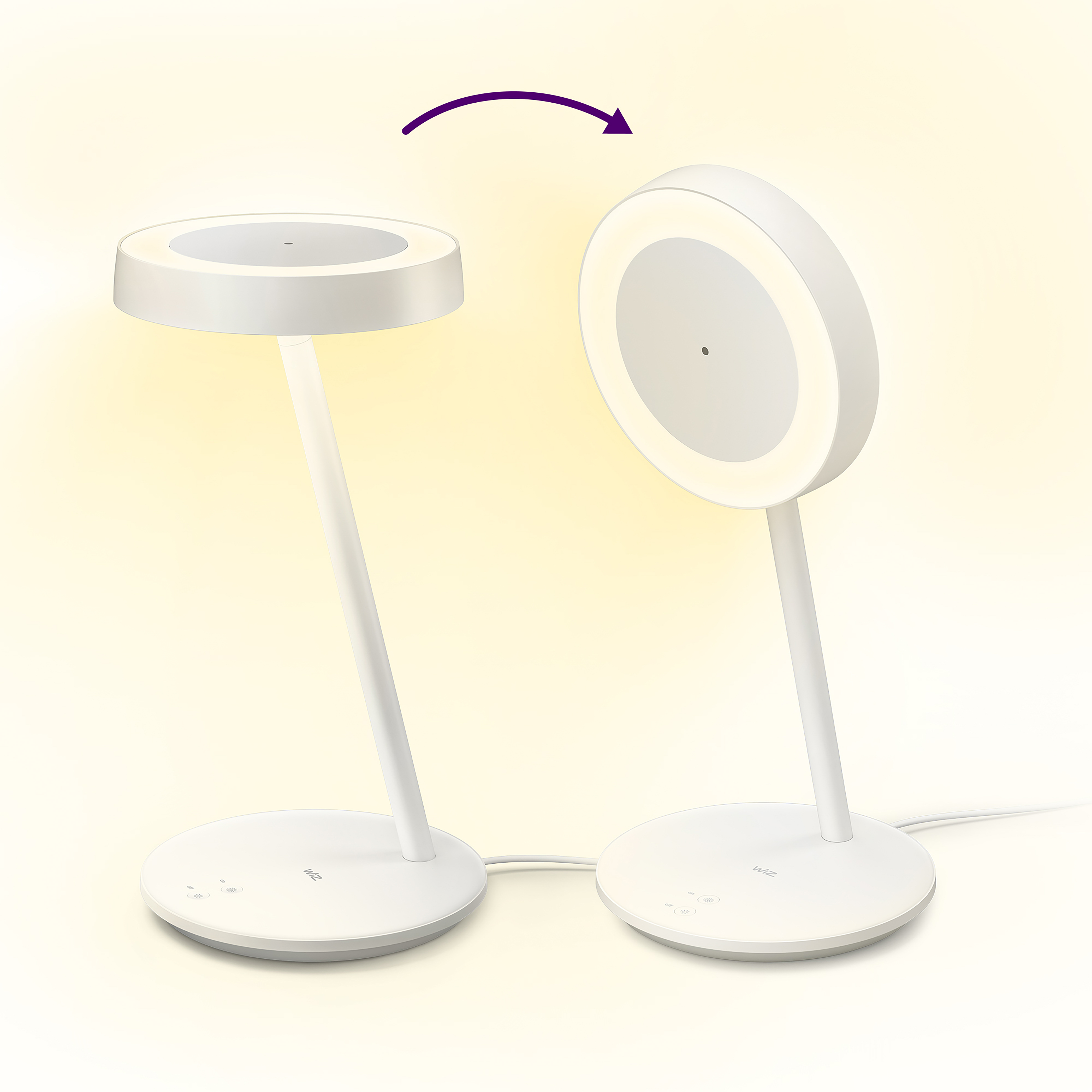 Biała lampa biurkowa, okrągła głowica obraca się. Biały stojak i podstawa.