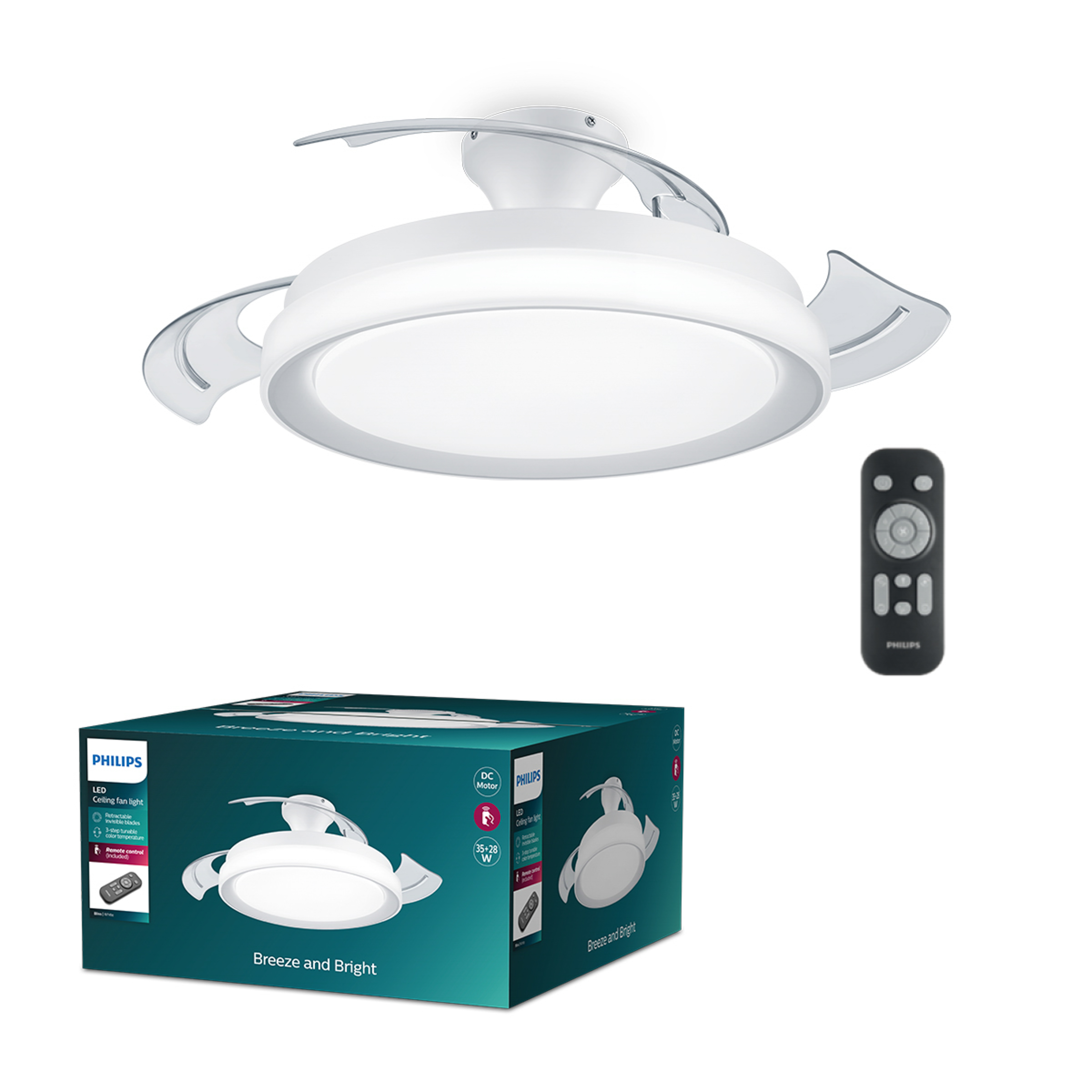 Ventilador de techo con caja, mando a distancia. El ventilador es blanco, las aspas son claras.