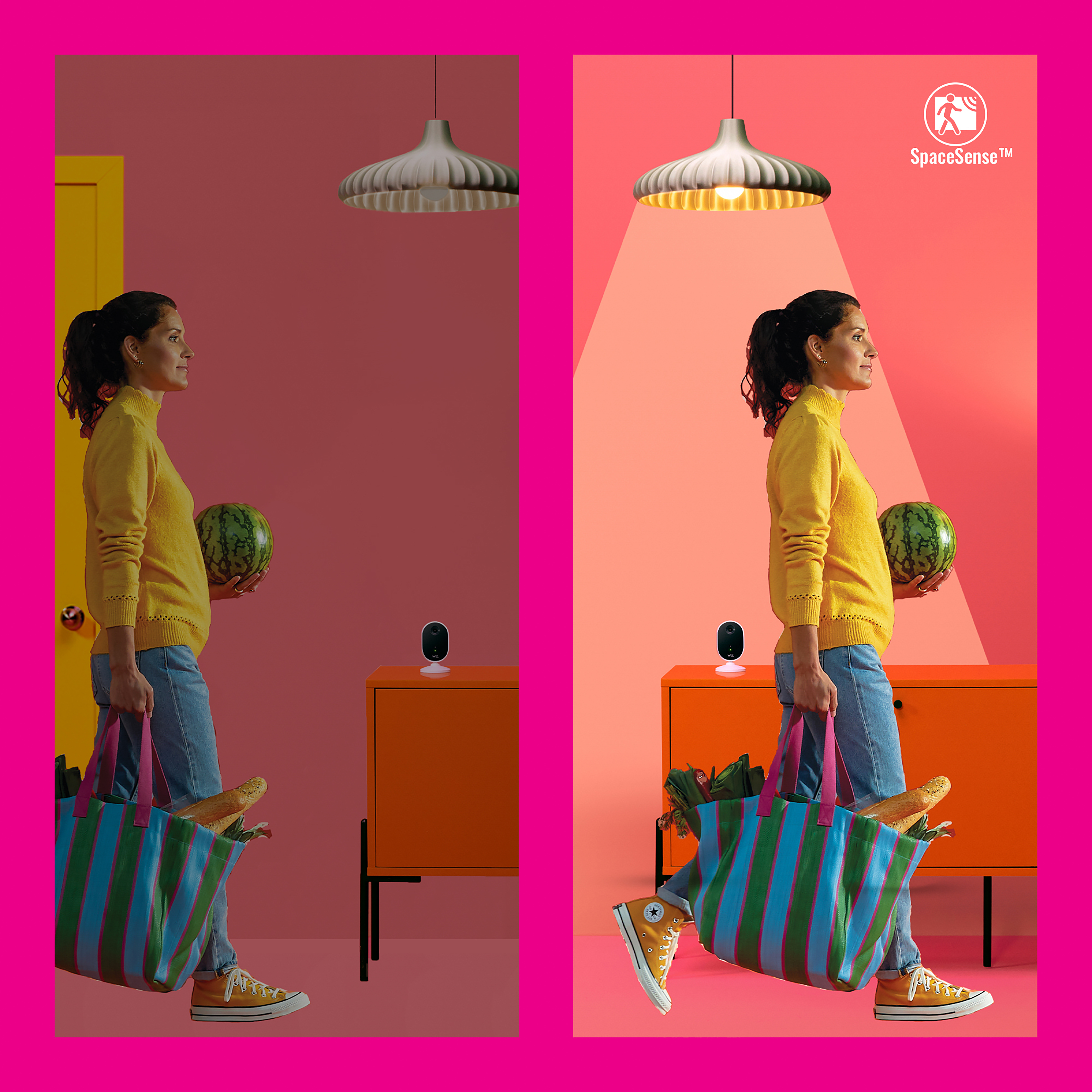Dwa obrazy pokazujące kobietę z artykułami spożywczymi i arbuzem, idącą w domu z funkcjami inteligentnego domu.