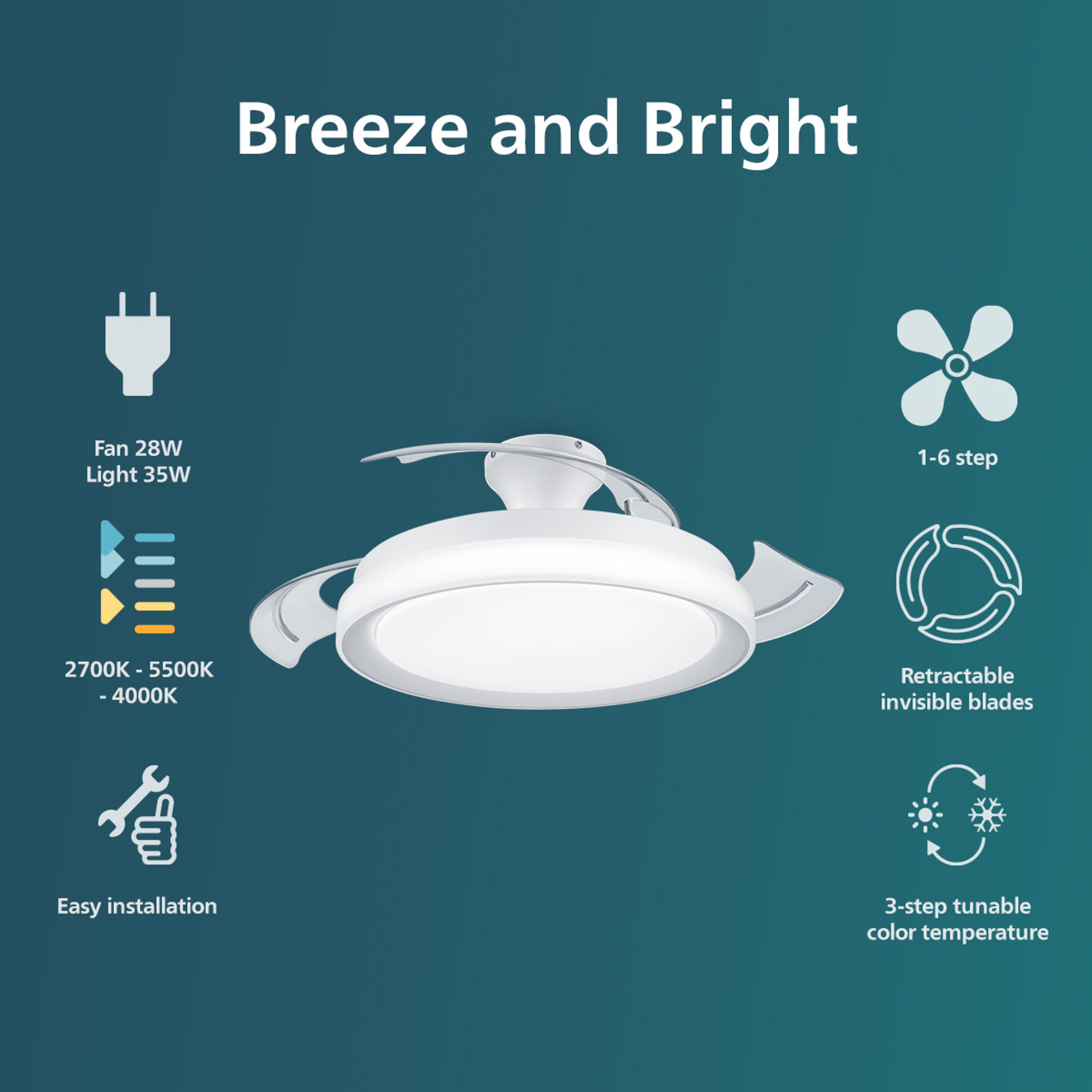 Ventilador de techo blanco con aspas retráctiles y luz. Gráfico con funciones.