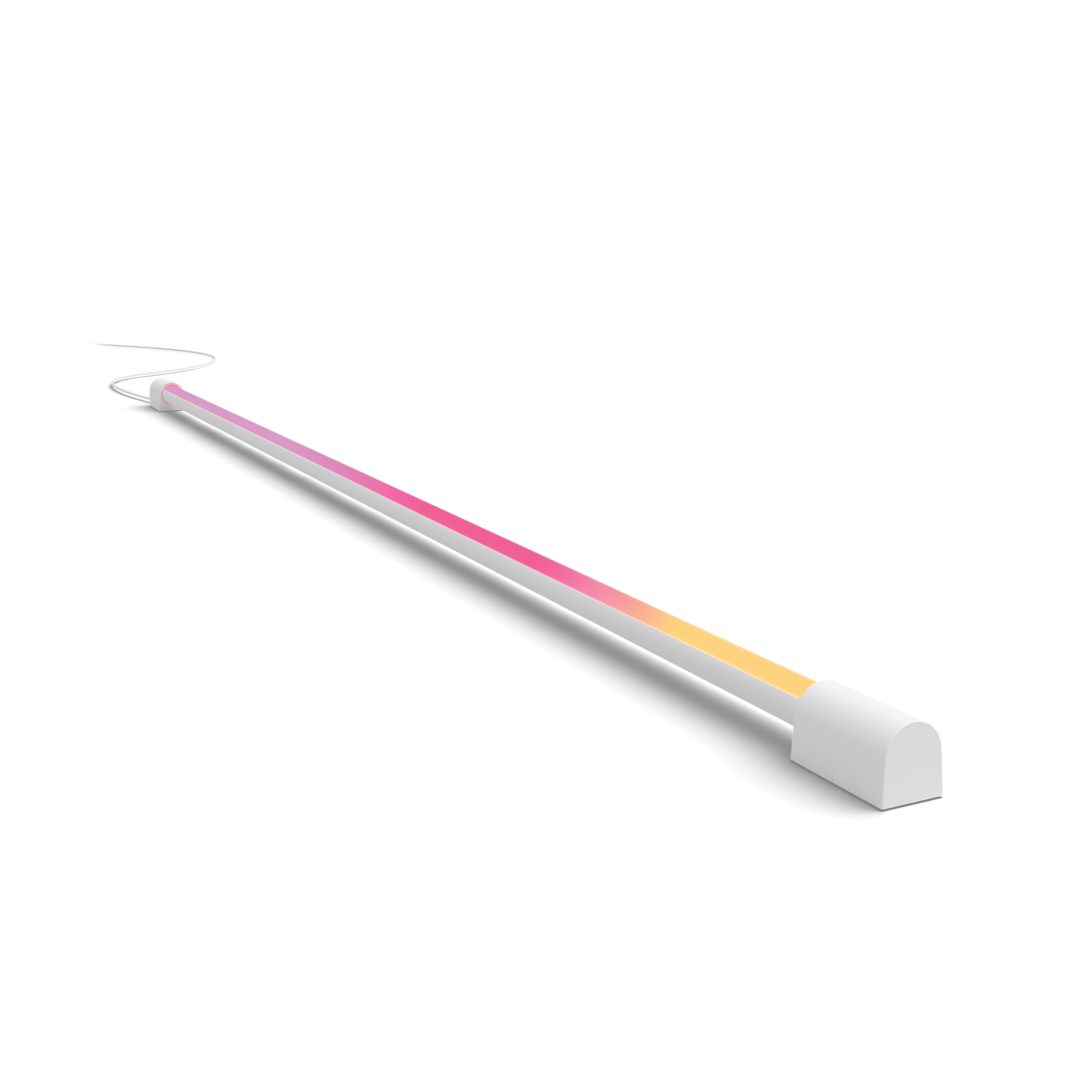 Ein weißer Lichtstreifen mit einem Farbverlauf aus Pink, Orange und Gelb.