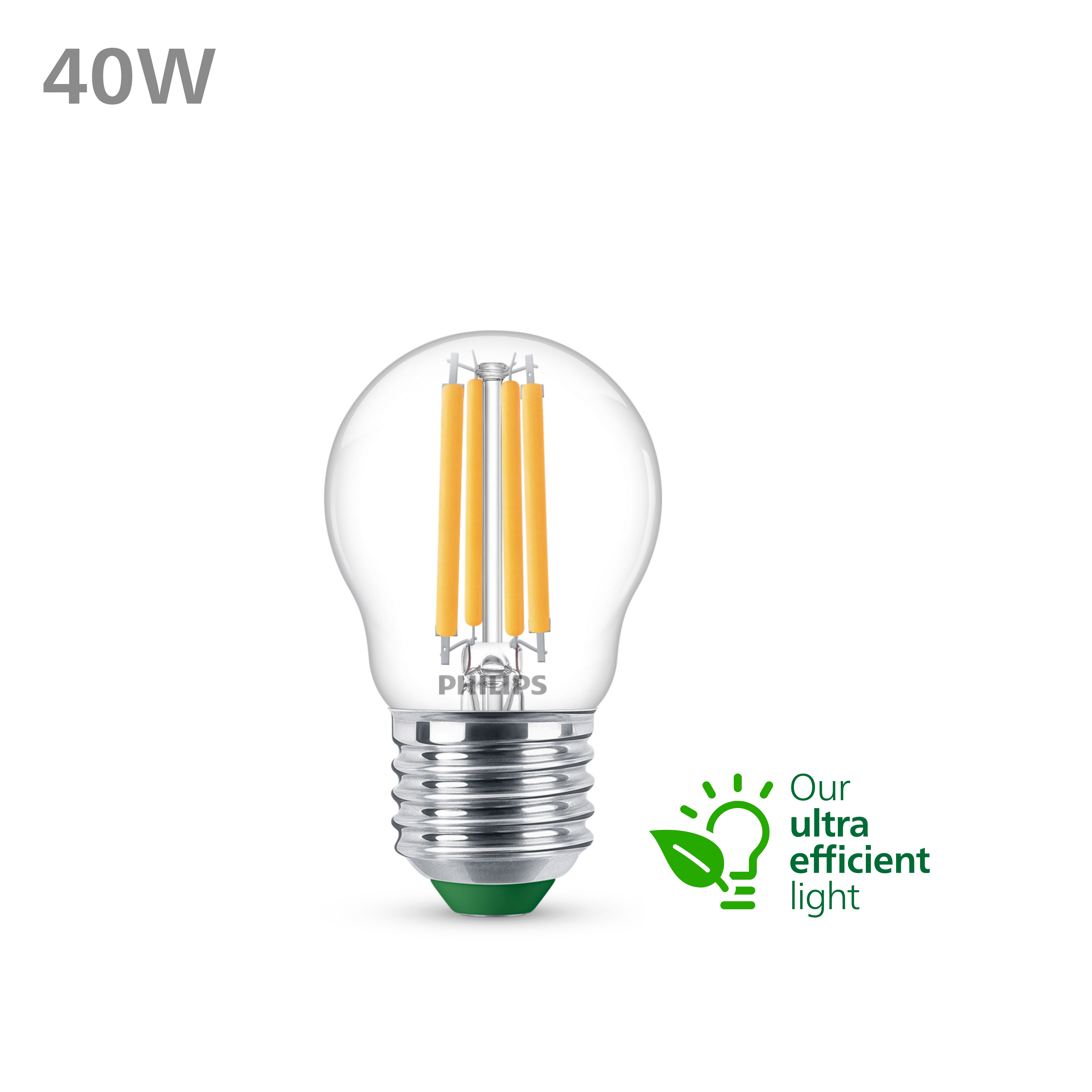 Une ampoule avec des filaments visibles. La base est verte, et le texte '40W' et 'lumière ultra efficace' sont affichés.