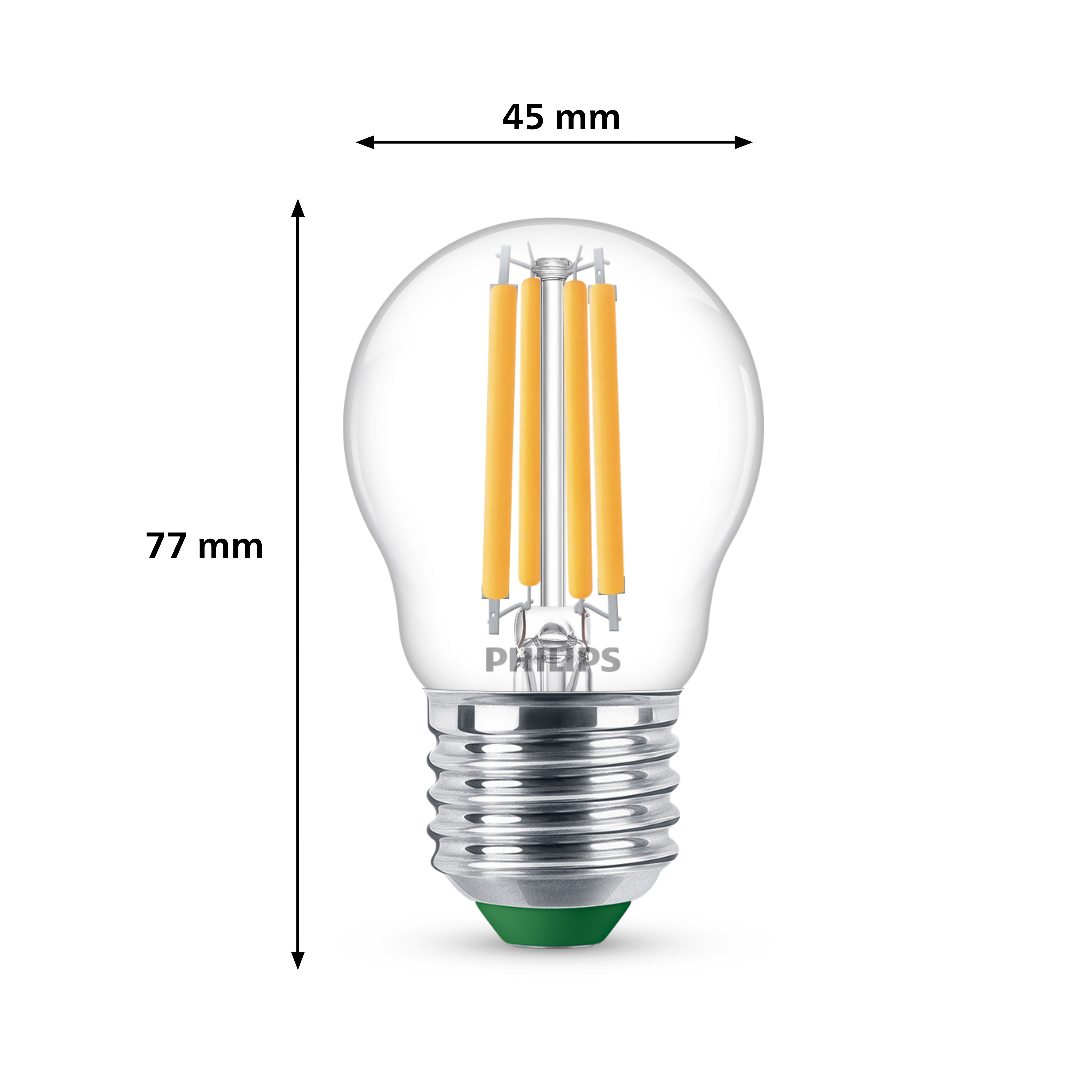 Une ampoule transparente avec une base verte et quatre filaments jaunes verticaux. Des mesures sont indiquées.