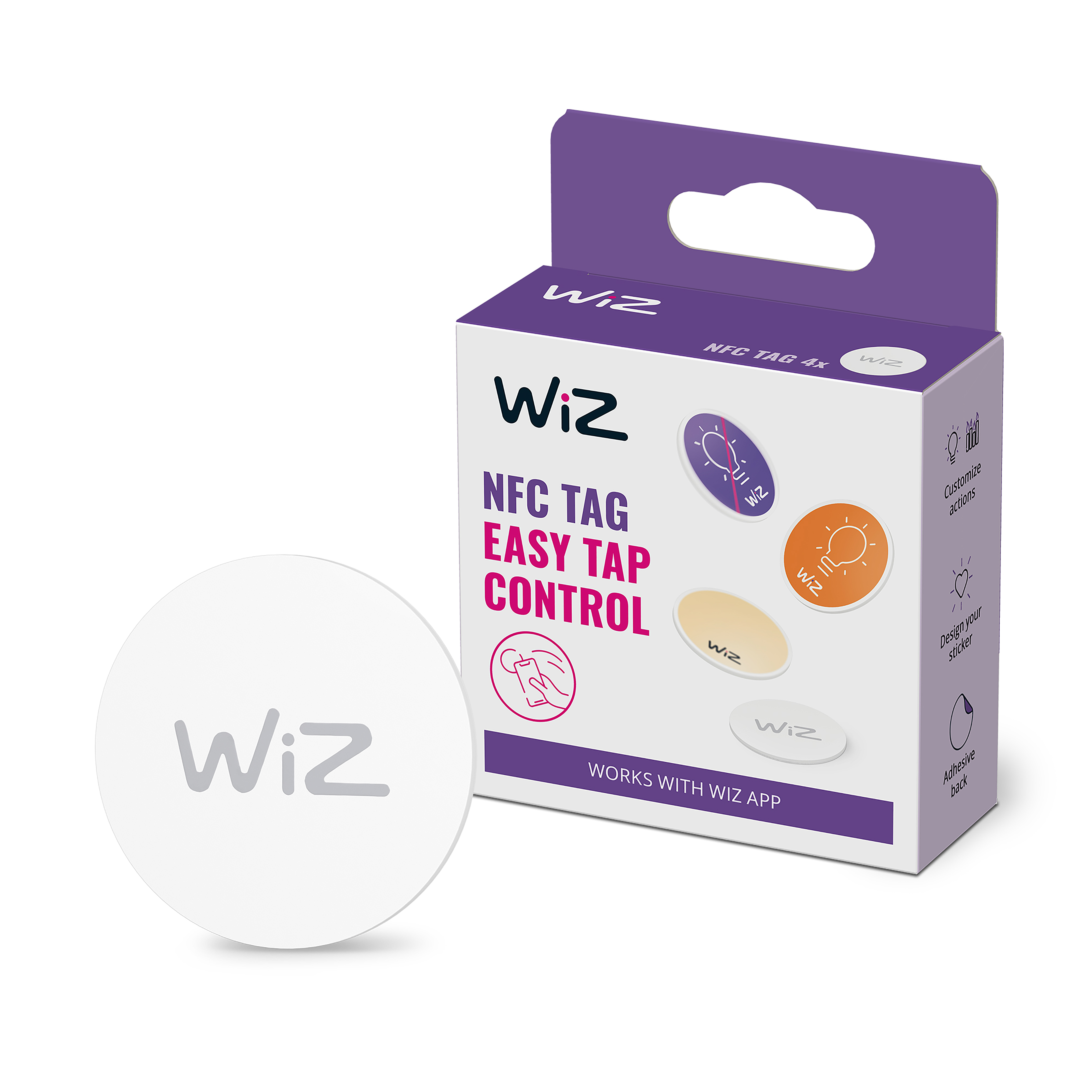 Scatola WiZ NFC tag easy tap control e un tag bianco. Dice 'Easy Tap Control'.