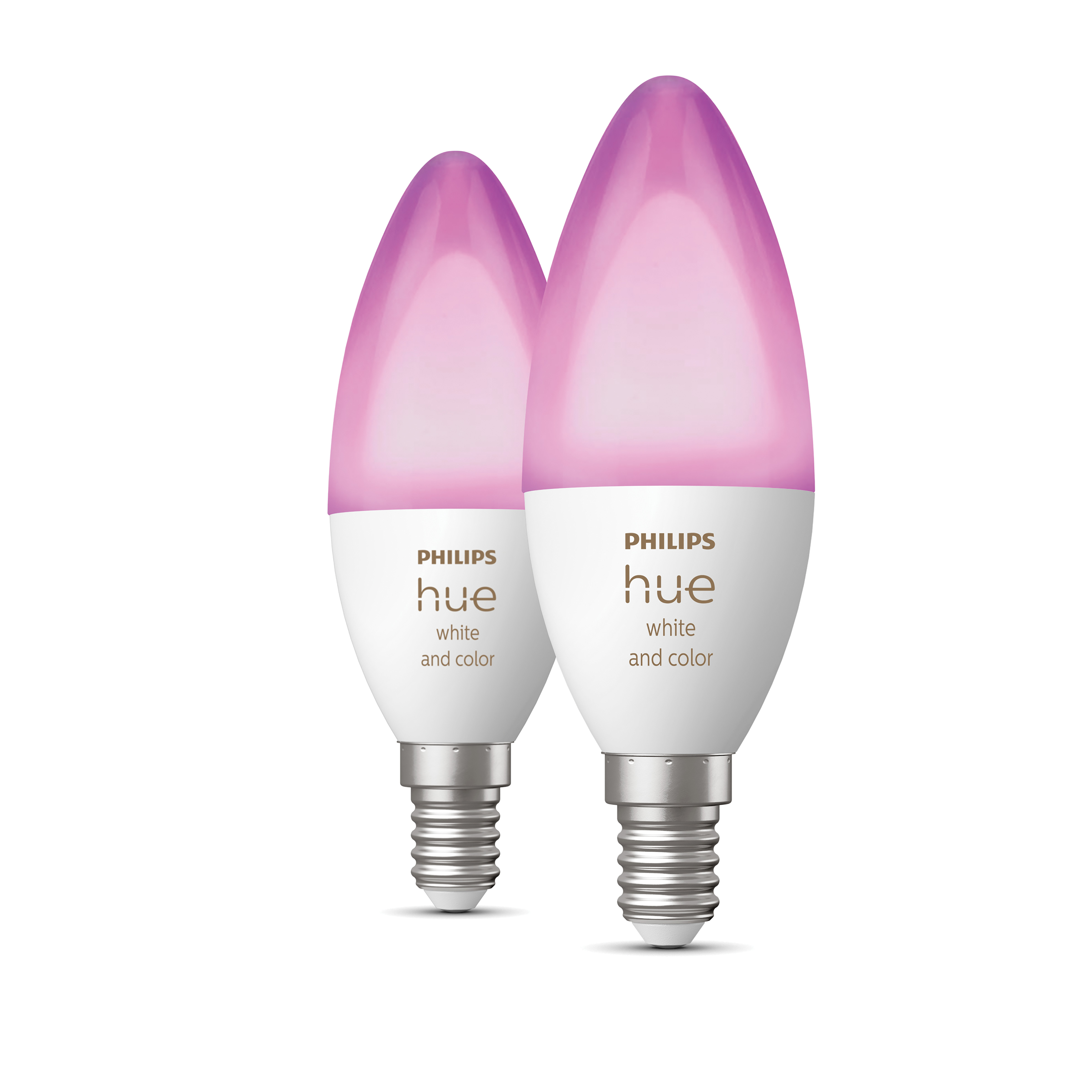 Dwie białe inteligentne żarówki Philips Hue z różowym światłem, białą podstawą i srebrną śrubą.