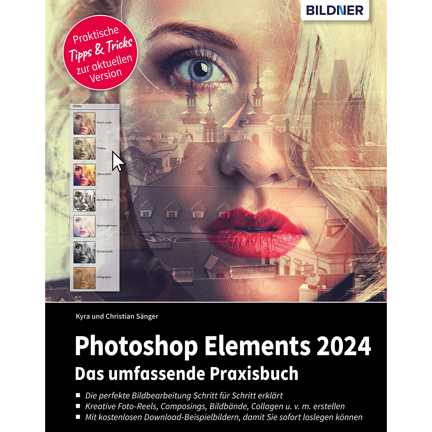 Buchcover mit Frauengesicht und Photoshop Elements Tutorial. Text enthält 