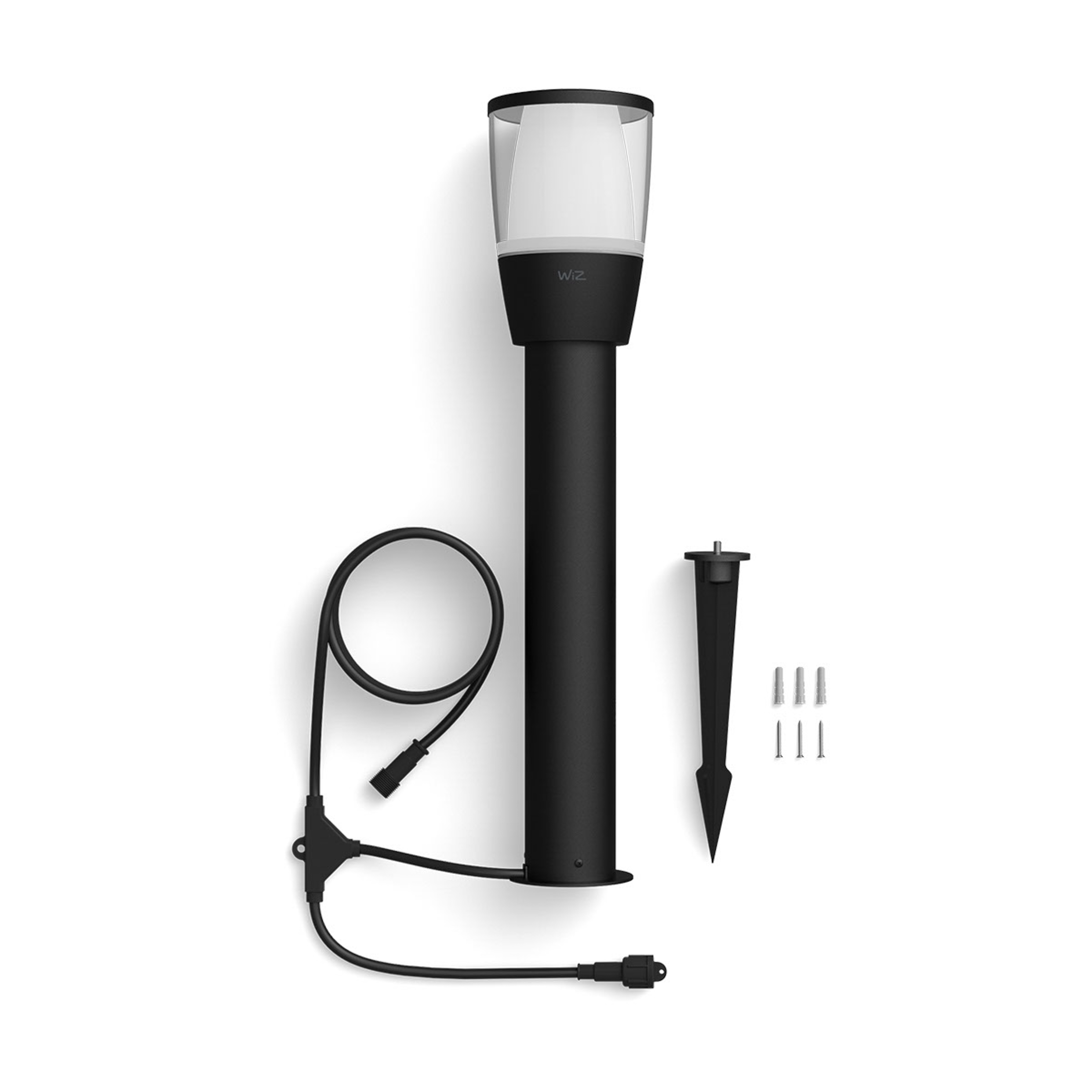 Zwarte buitenlamp, componenten en bedrading. Witte achtergrond.